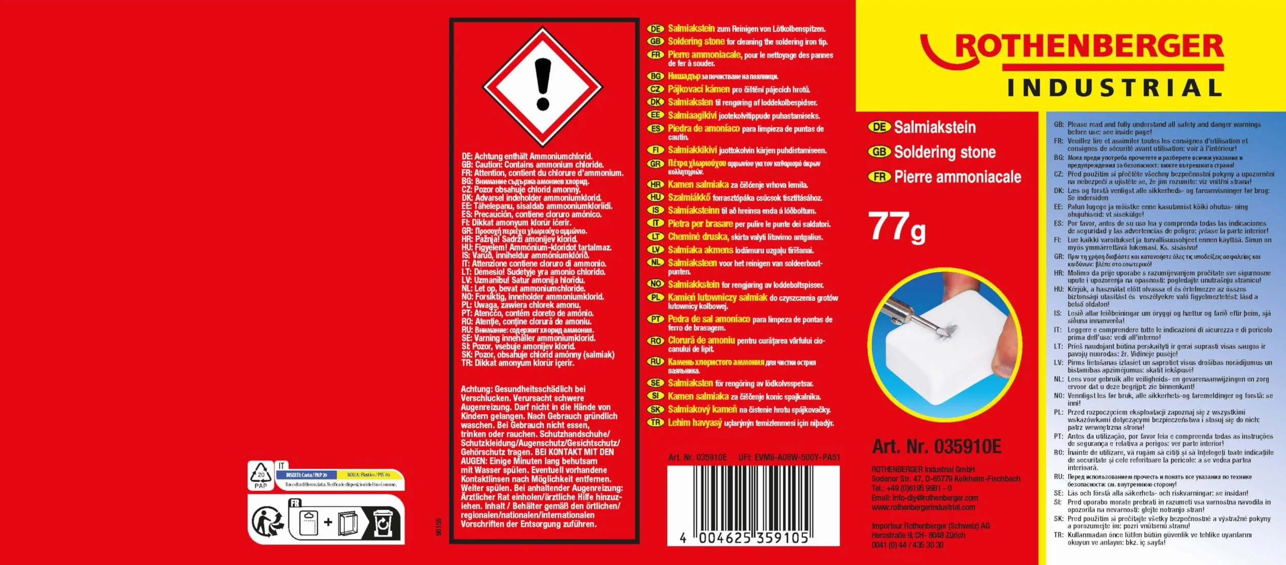 ROTHENBERGER Industrial kamień do lutowania | kamień do lutowania salmiaku, kamień do czyszczenia końcówek lutownicy, 65 x 45 x 20 mm, 035910E