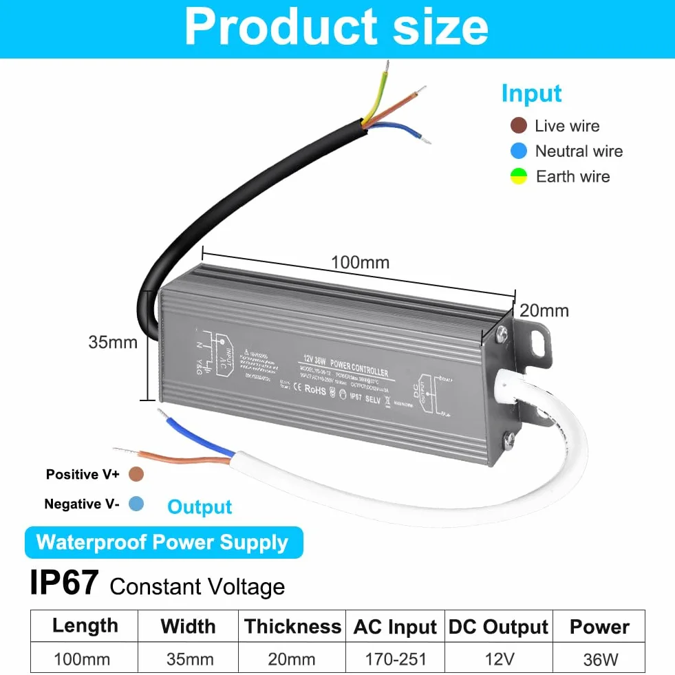 OFFCUP Zasilacz 12 V 36 W 3 A Transformator IP67 Sterownik LED AC 170-250 V do DC 12 V Cienkie transformatory LED stały bez migotania