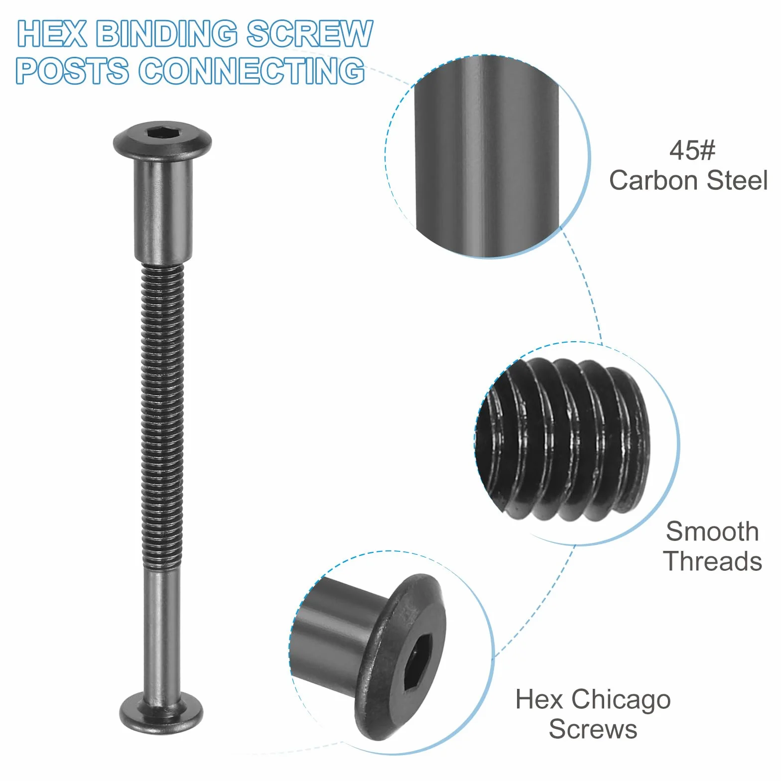 PATIKIL Śruby z łbem sześciokątnym Chicago M8 x 70 mm, zestaw 5 śrub wiążących, łączące sześciokątne nakrętki z łbem nasadkowym do scrapbookingu, skórzanego paska, naprawy mebli, czarne