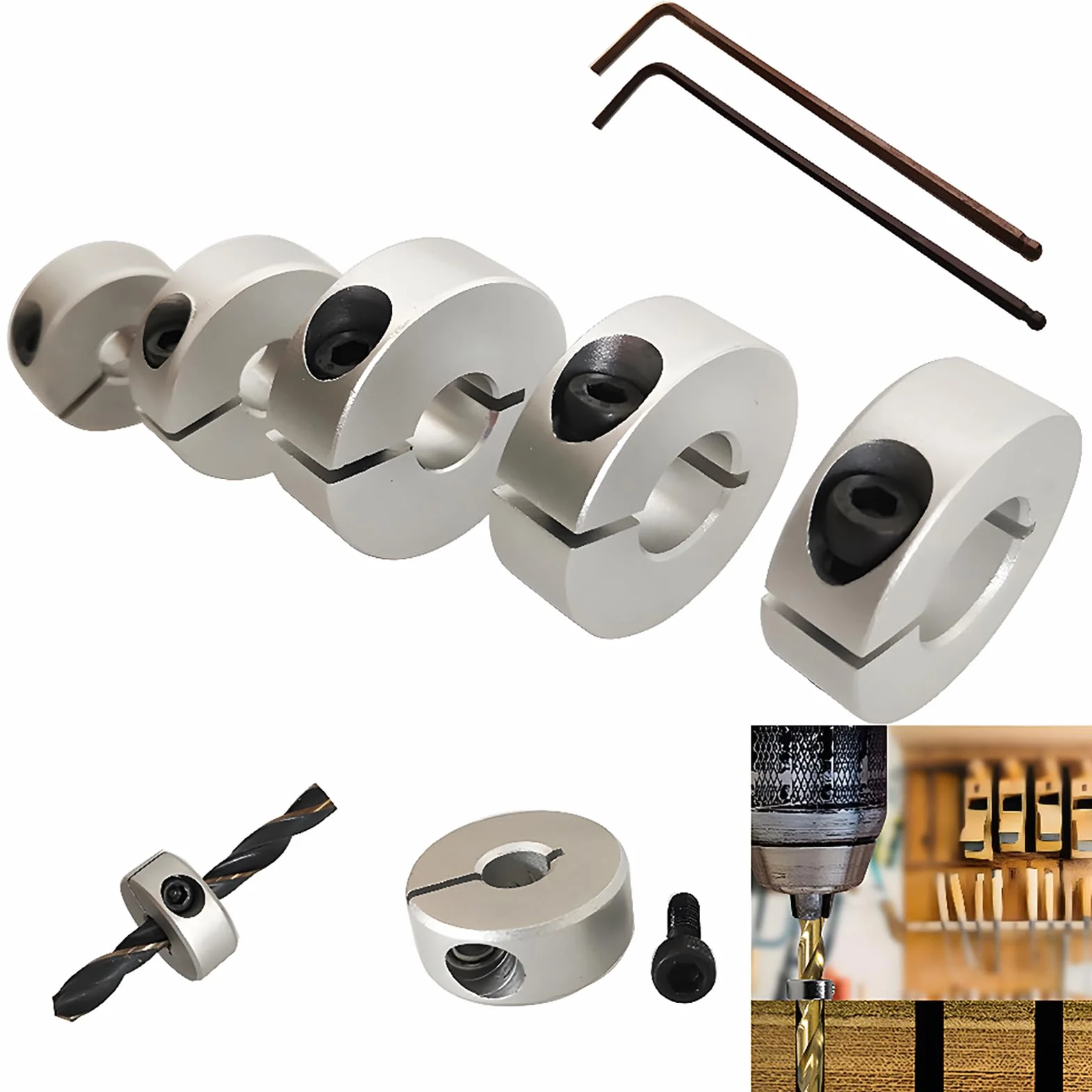 CESFONJER 5-częściowy zestaw pierścieni ograniczających głębokość ze stopu aluminium, regulator, lokalizator HSS, ogranicznik głębokości, kołki 6 mm/8 mm/10 mm/12 mm/14 mm