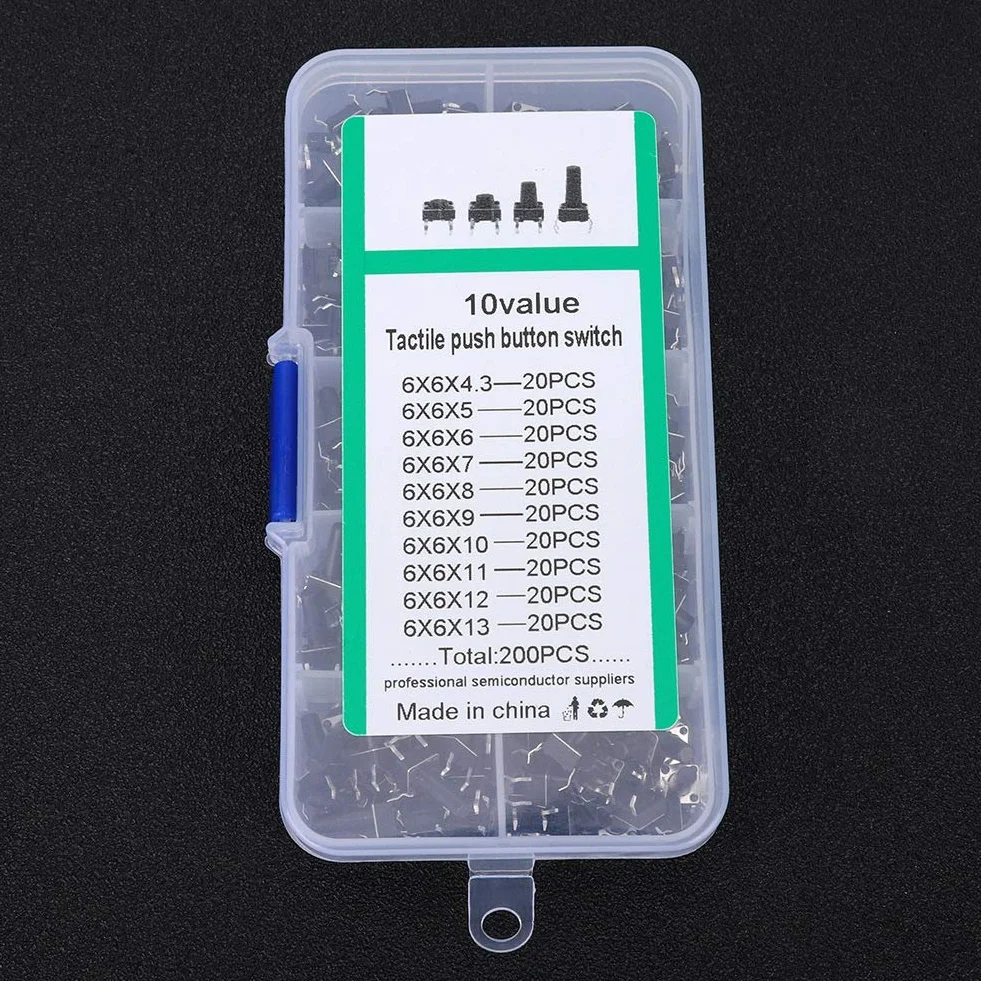 200 sztuk Przełącznik Dotykowy Wciskany 6x6mm Mini Momentary Tact Switch Kit dla Elektroniki Projektów DIY (Czarny)