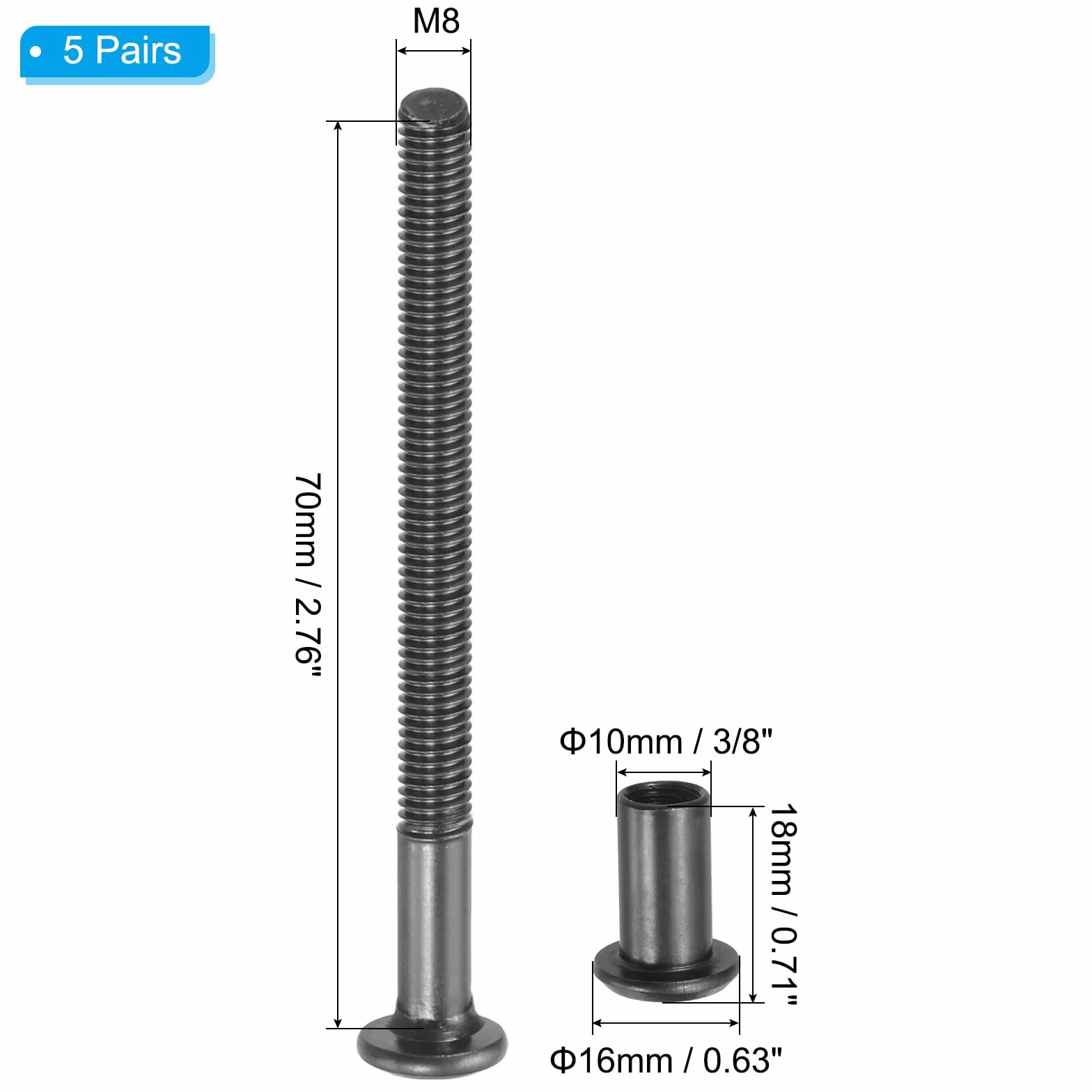 PATIKIL Śruby z łbem sześciokątnym Chicago M8 x 70 mm, zestaw 5 śrub wiążących, łączące sześciokątne nakrętki z łbem nasadkowym do scrapbookingu, skórzanego paska, naprawy mebli, czarne