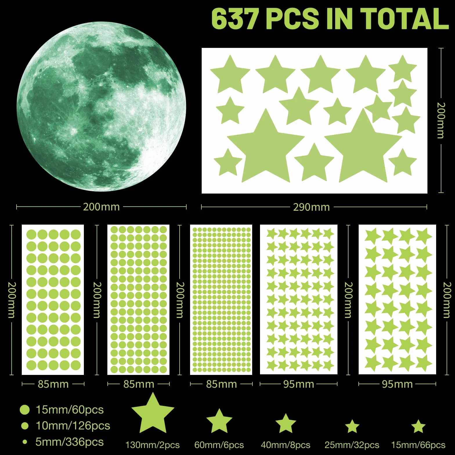 Glow In The Dark Naklejki Ścienne, 637 sztuk Luminous Kropki Gwiazdy i Księżyc DIY Naklejki ścienne do sufitu lub ścian, Luminous Naklejki samoprzylepne dla dzieci Sypialnia Dekoracji