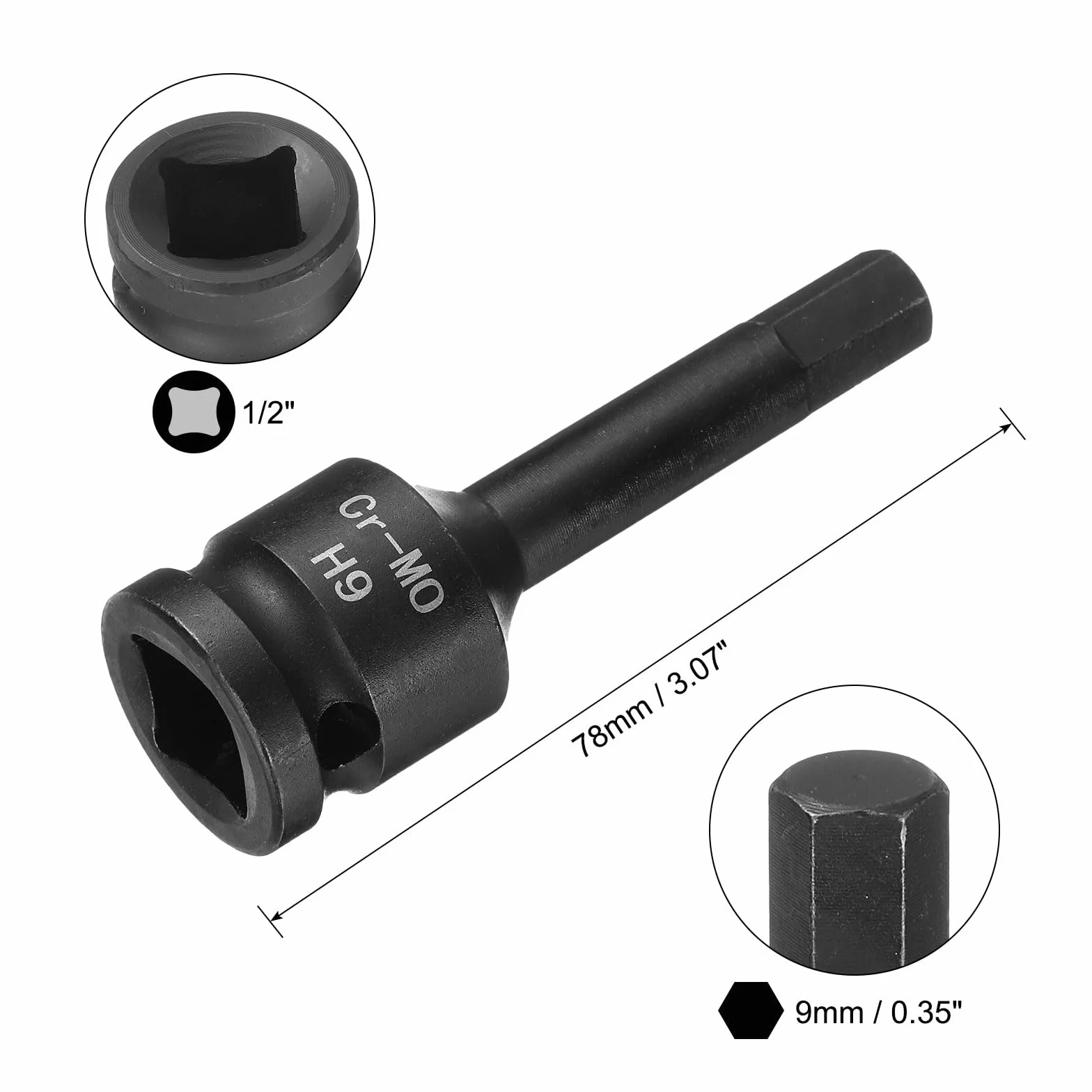 QUARKZMAN 9 mm sześciokątne gniazdo bitowe H9 1/2" ze stali CR-MO, fosforanu, przedłużenie, adapter do gniazda wtykowego do mechaników samochodowych i konserwacyjnych