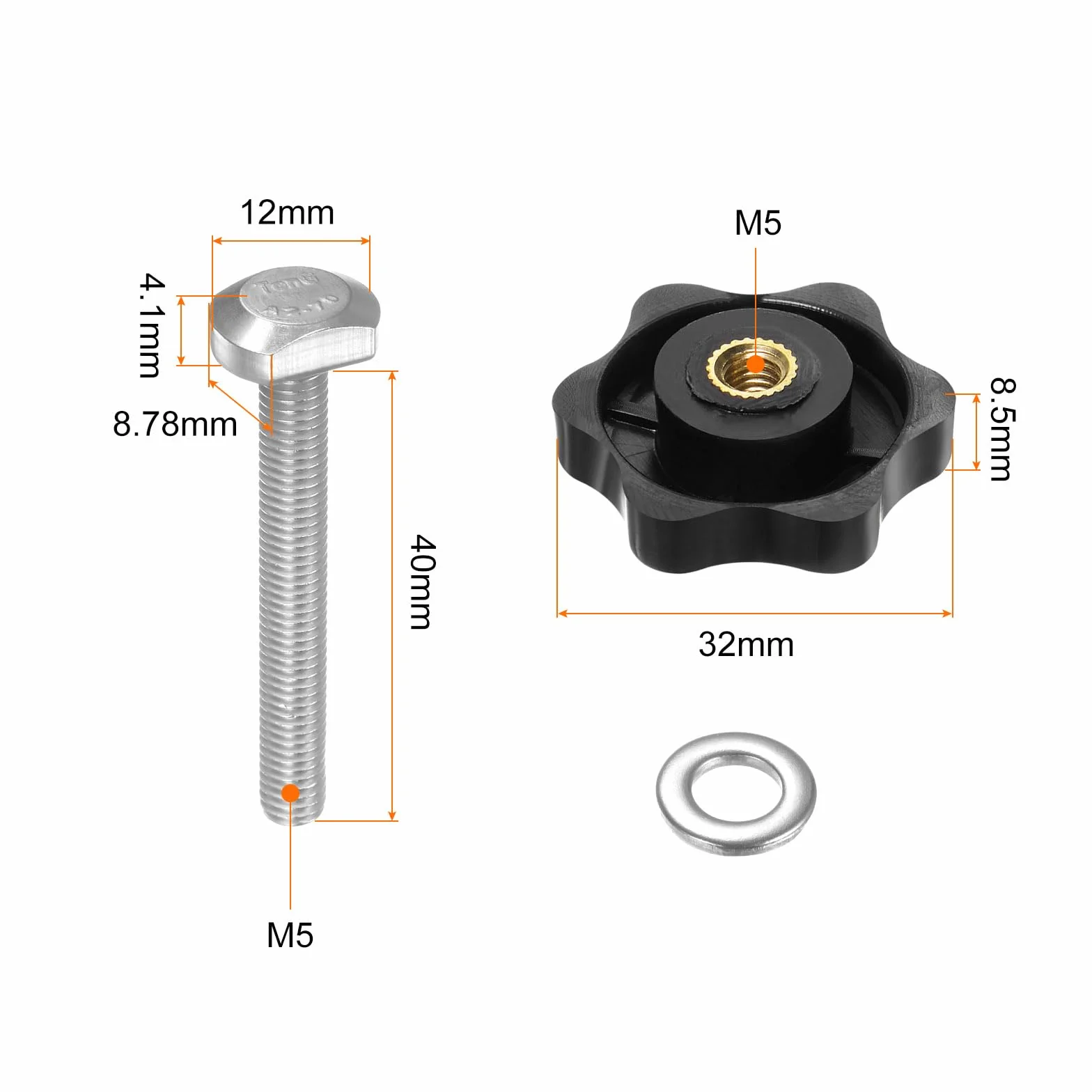 QUARKZMAN Zestaw 5 śrub T-Train guzik zestaw śrub M5 x 40 mm śruba gwintowana M5 x 32 mm sześciokątna nakrętka z podkładką do przyrządów do obróbki drewna, czarny