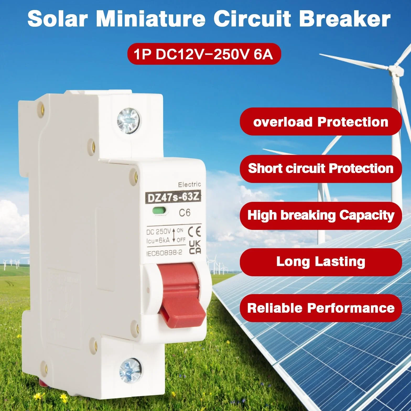 Jadeshay Wyłącznik nadprądowy DC, fotowoltaiczny wyłącznik nadprądowy DC miniaturowy wyłącznik nadprądowy do instalacji PV 1P DC12 V-250 V 25 A