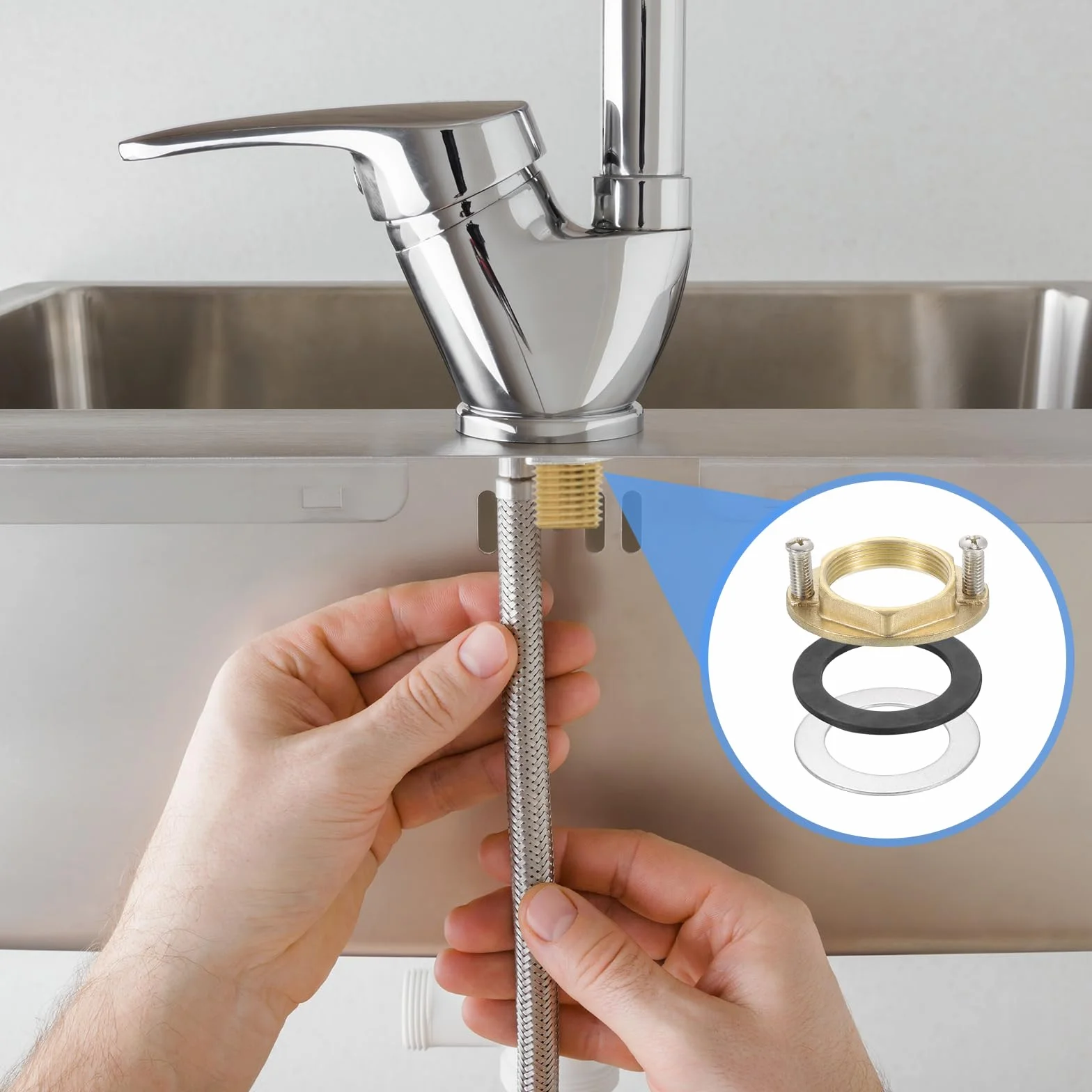 QUARKZMAN Nakrętka sześciokątna, gwint wewnętrzny (31 mm), nakrętki blokujące 1-1/4" mosiężne pojedyncze uszczelki, zestaw narzędzi do mocowania kranu, umywalka (owalna)
