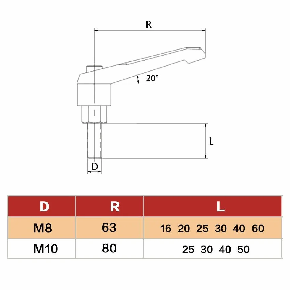 M10 x 50 mm gwint męski regulowany uchwyt dźwignia zaciskowa z trzpieniem (M10 x 50)