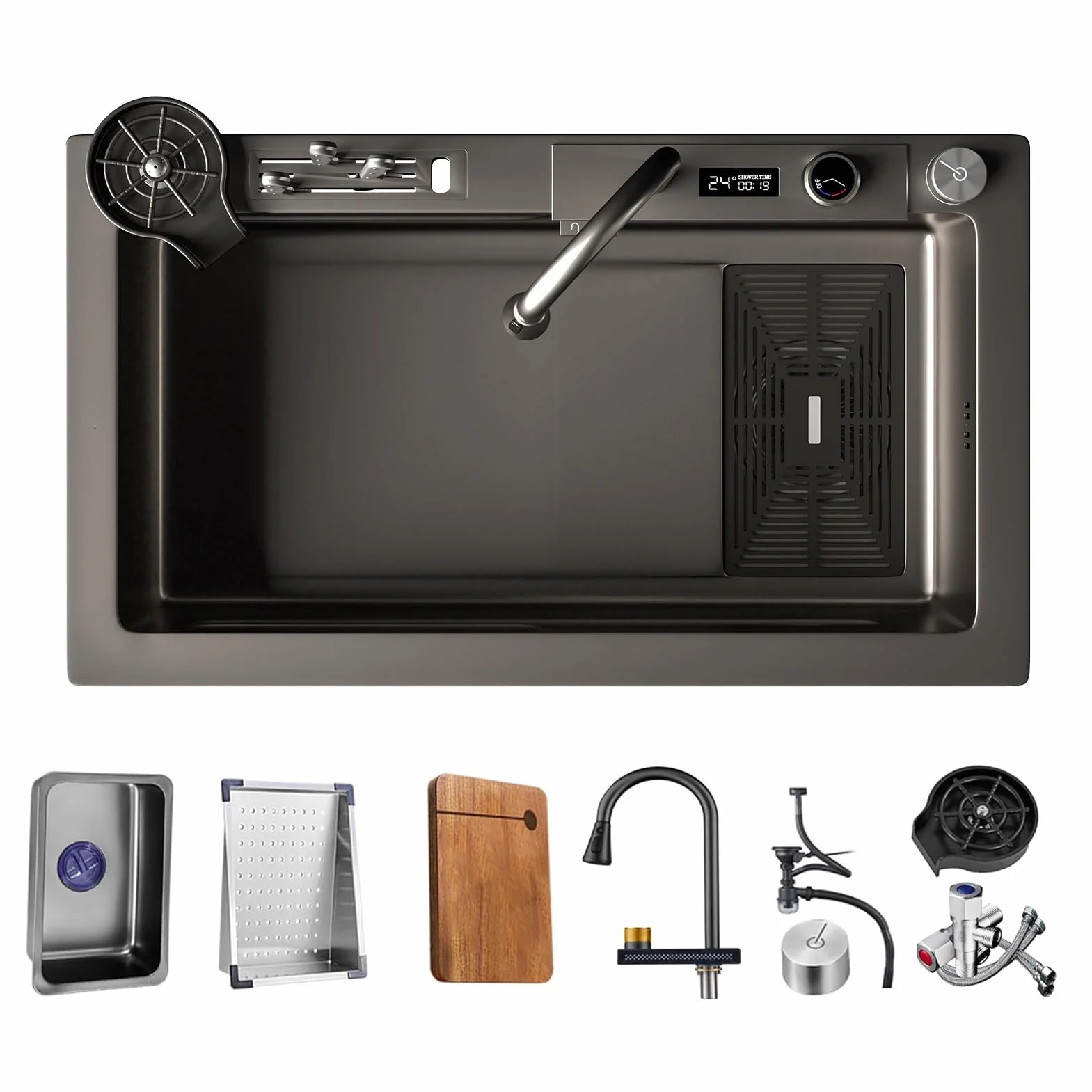 Stainless Steel Waterfall Kitchen Sink Set, Single Bowl Workstation With Digital Display Pull-Out Faucet, Cup Washer, 13-Piece Accessory Kit, Kitchen Sink With Water-saving Features(Black-Grey,75x46cm