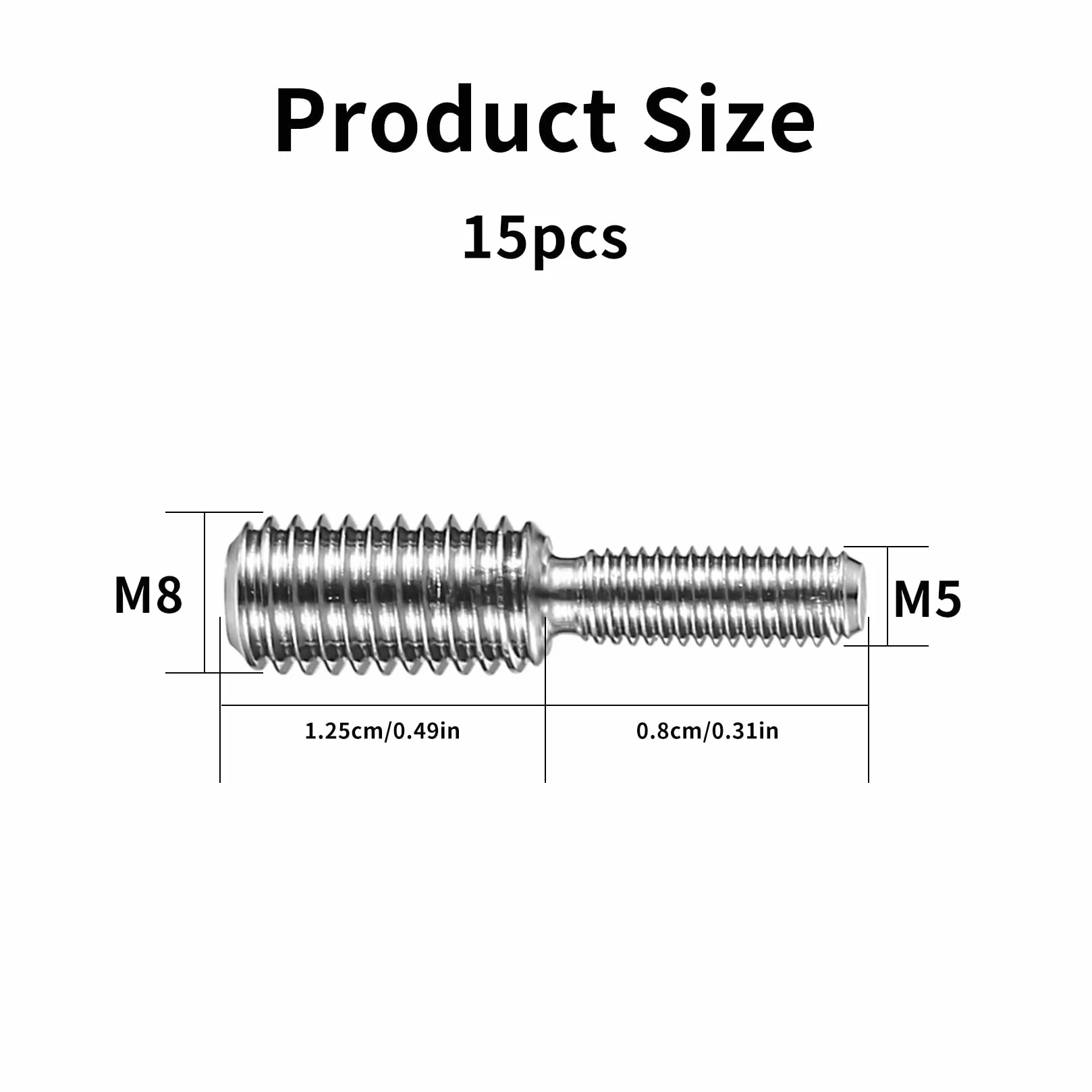 15 adapterów śrub redukcyjnych, śruba z gwintem z podwójnym końcem, adapter śrub ze stali nierdzewnej M5x0,8 do M8 x 1,25, śruba konwertująca