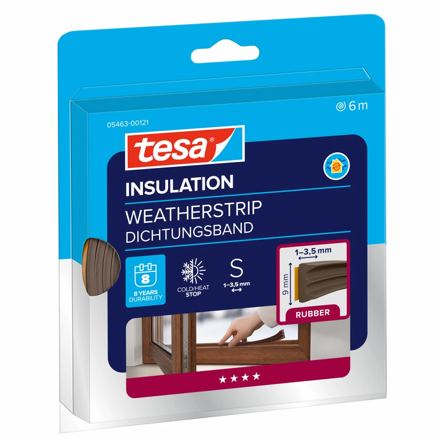 tesa INSULATION S taśma uszczelniająca - Samoprzylepna gumowa uszczelka do izolacji szczelin w oknach i drzwiach - Brązowa - 6 m x 9 mm x 4 mm