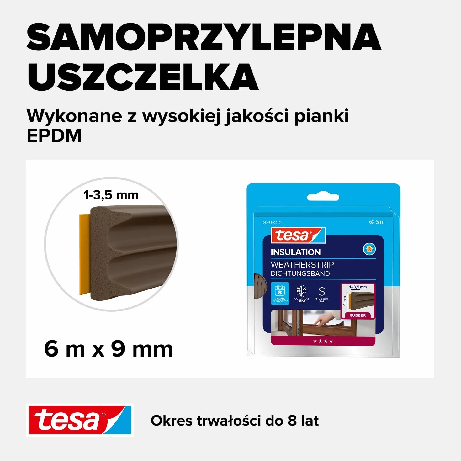 tesa INSULATION S taśma uszczelniająca - Samoprzylepna gumowa uszczelka do izolacji szczelin w oknach i drzwiach - Brązowa - 6 m x 9 mm x 4 mm