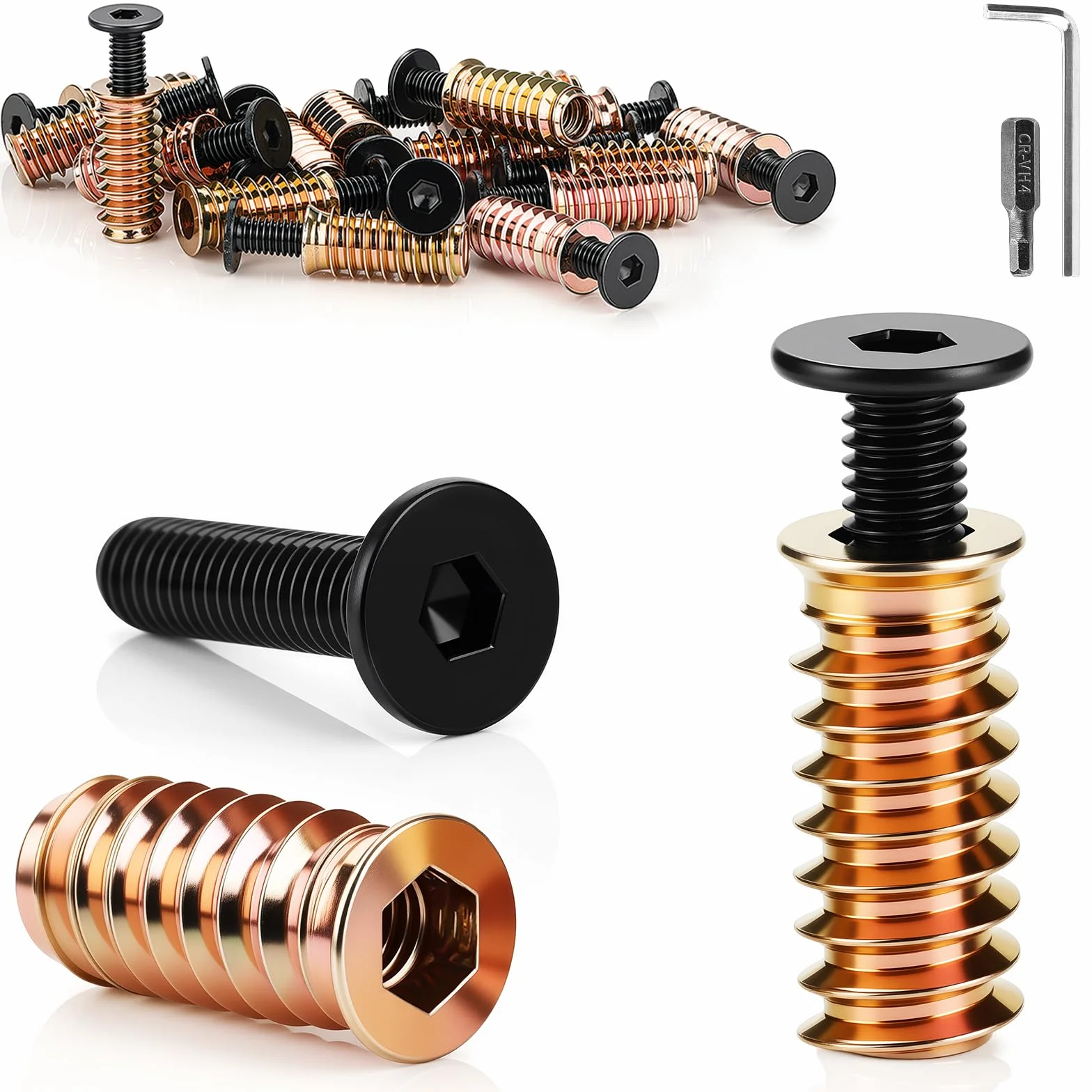 24 sztuki śrub M6 zawiera śruby z łbem płaskim M6 x 16 mm, tuleje gwintowane do drewna, nakrętki wkręcane z kluczem sześciokątnym, bit sześciokątny, H4 do samodzielnego montażu mebli