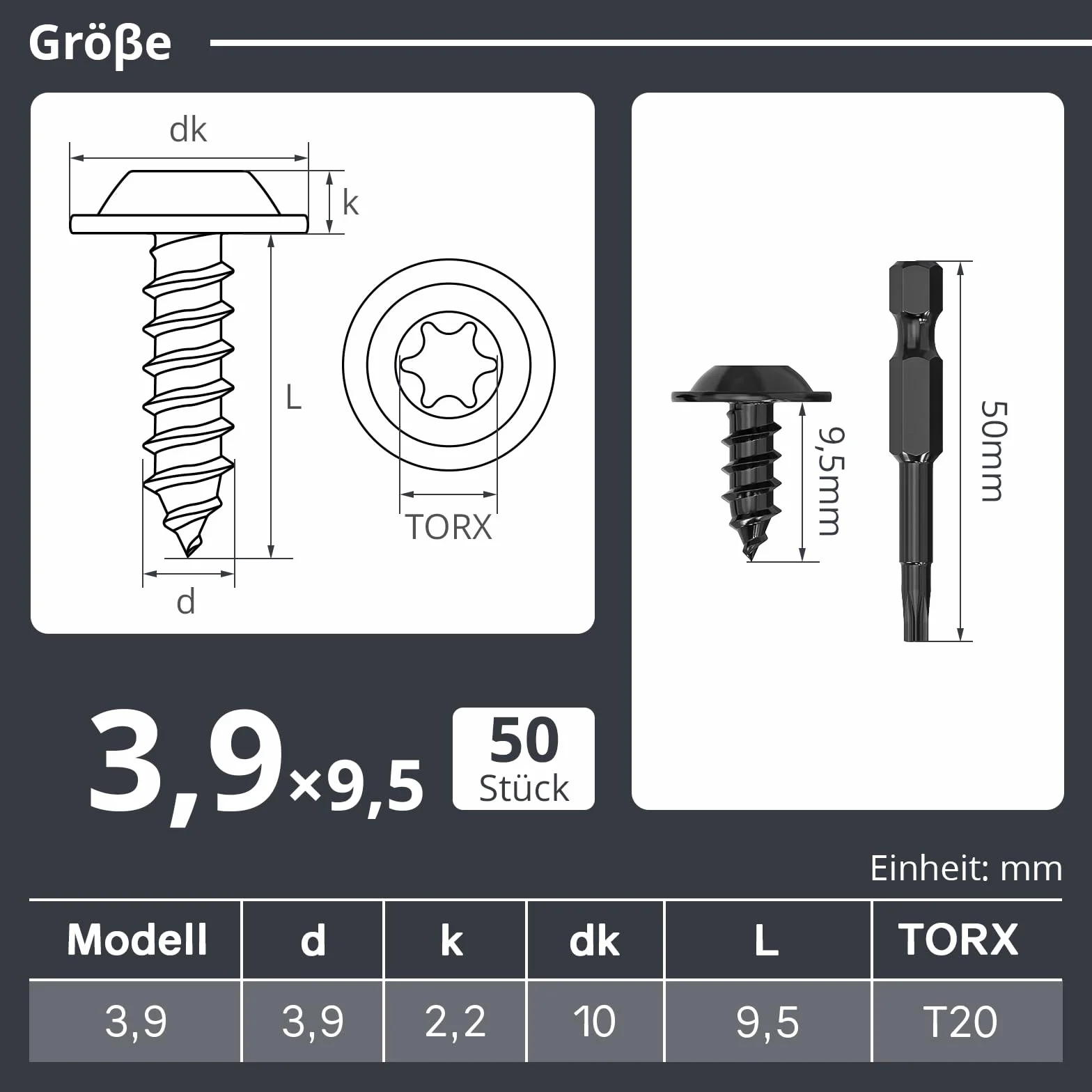 Dayalo 50 sztuk wkrętów do blachy 3,9 x 9,5 mm, z łbem płaskim i podkładką do wkrętaków, wkręty do drewna Torx, stal szlachetna A2 V2A, czarne tlenki, z końcówką śrubokręta