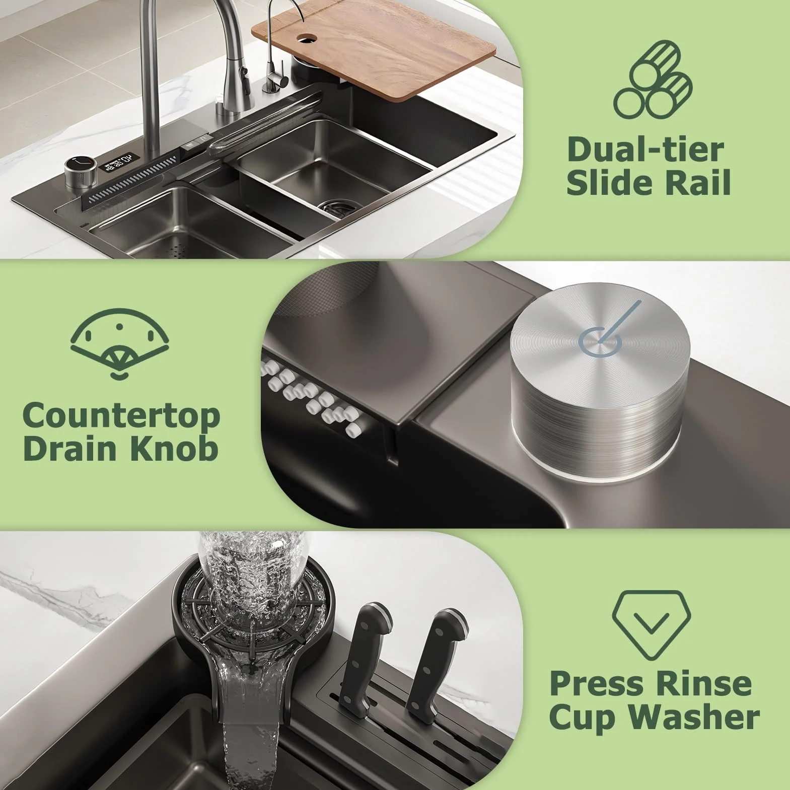 Stainless Steel Waterfall Kitchen Sink Set, Single Bowl Workstation With Digital Display Pull-Out Faucet, Cup Washer, 13-Piece Accessory Kit, Kitchen Sink With Water-saving Features(Black-Grey,75x46cm