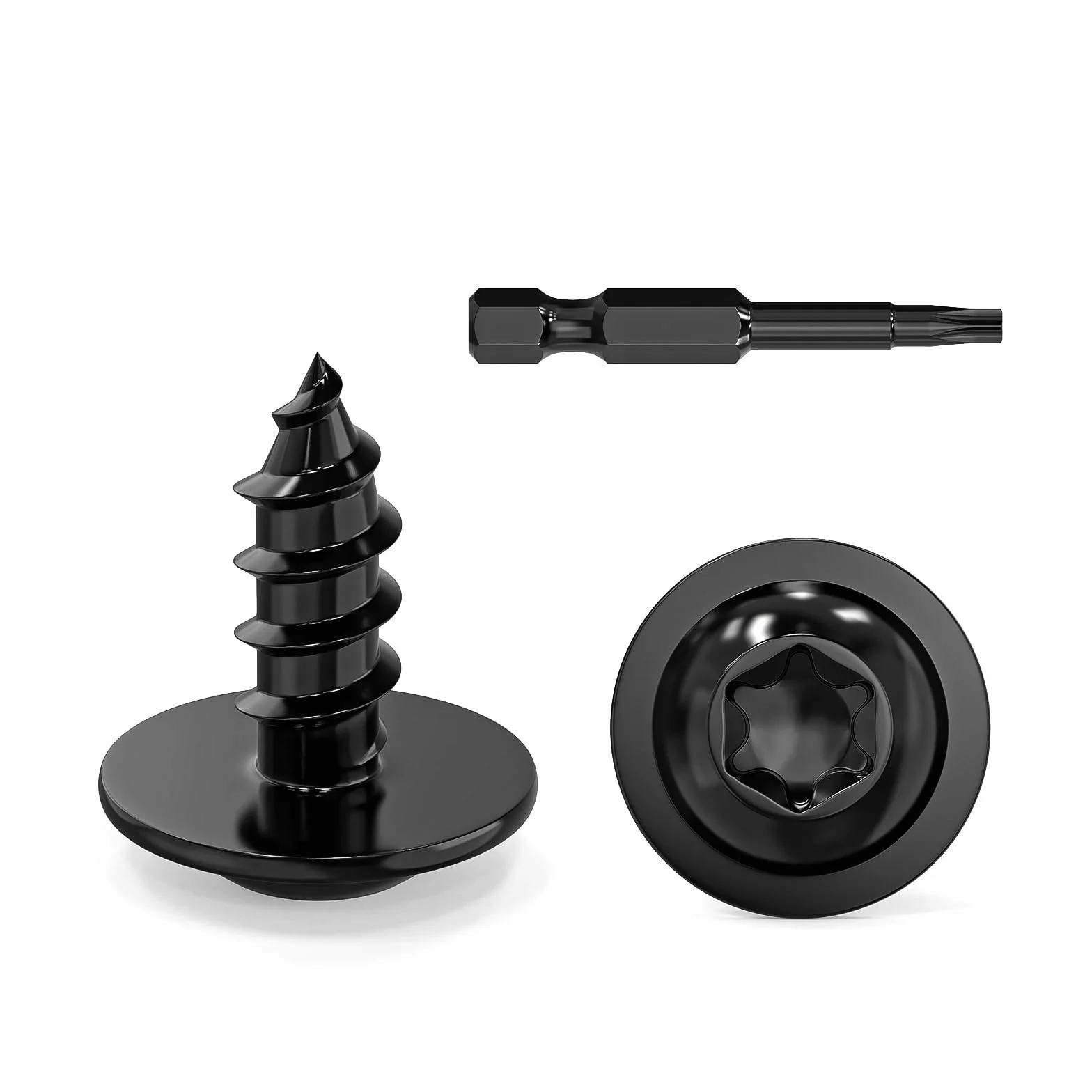 Dayalo 50 sztuk wkrętów do blachy 3,9 x 9,5 mm, z łbem płaskim i podkładką do wkrętaków, wkręty do drewna Torx, stal szlachetna A2 V2A, czarne tlenki, z końcówką śrubokręta