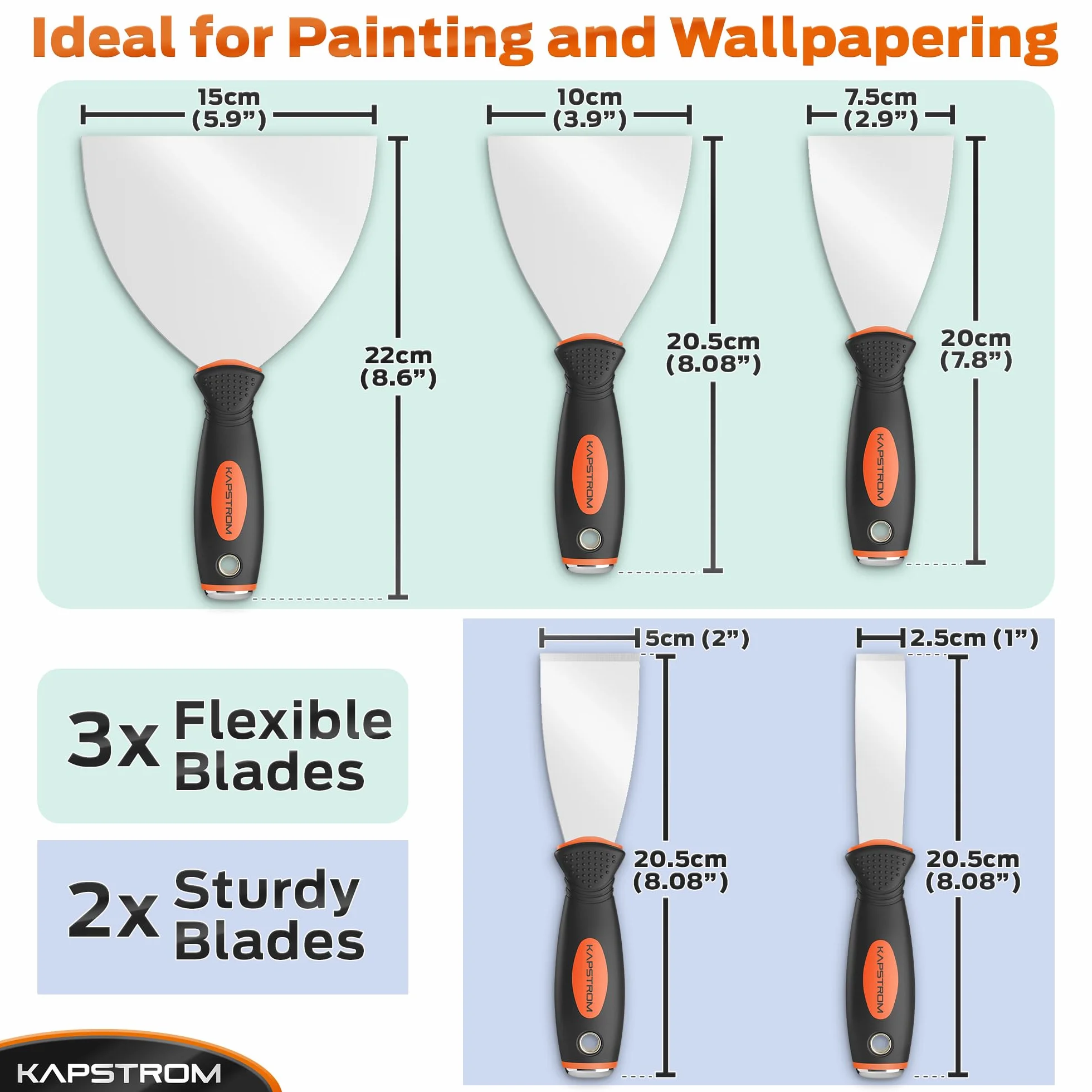 5-Pc Scraper Set, Flexible & Rigid Scrapers w/Ergonomic Handles for Plastering & Drywall Putty Filling, Stainless Steel Spatula Knife Set for Wallpaper Scraping & Finishing