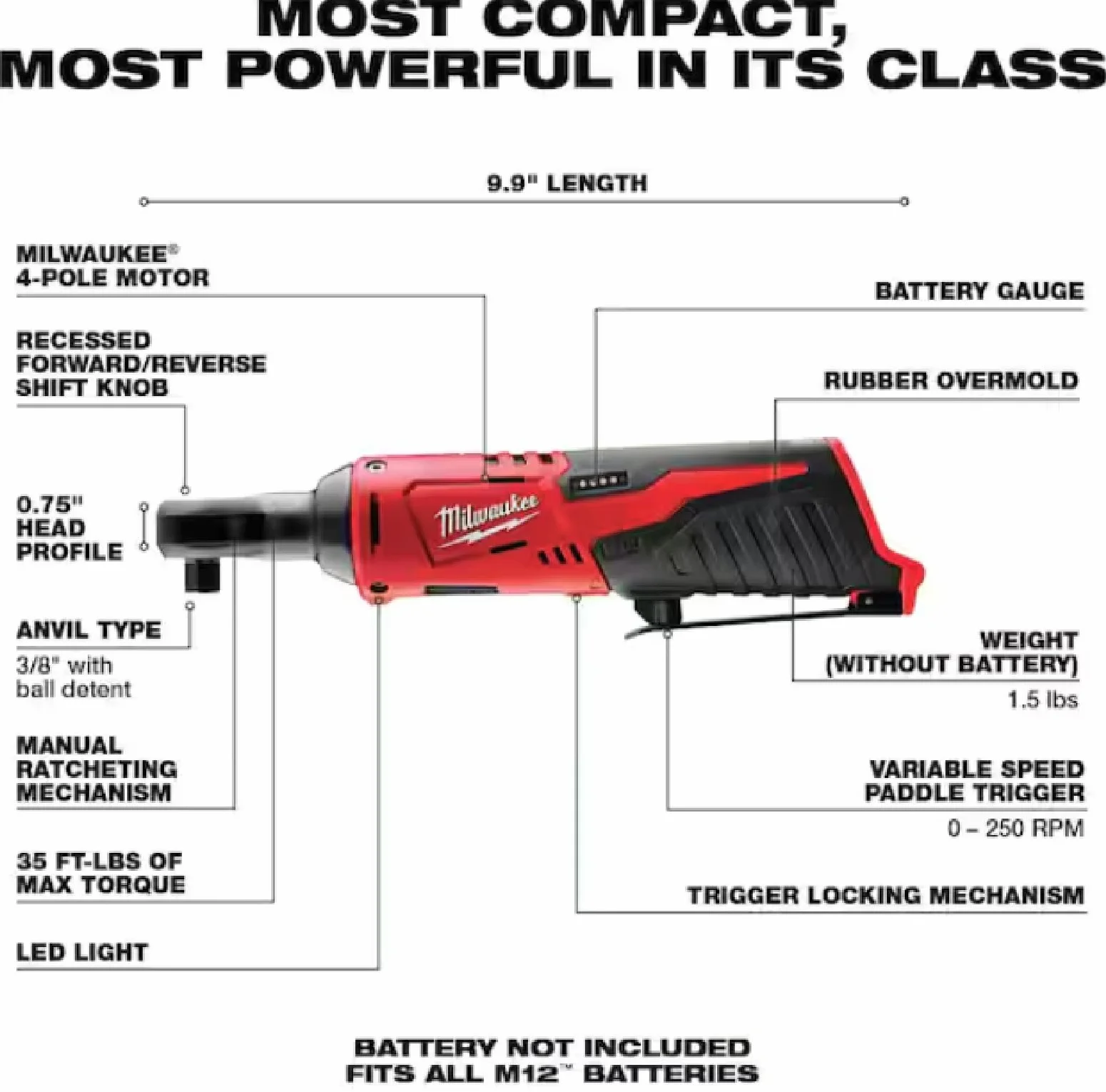 Milwaukee 2457-20 M12 bezprzewodowy subkompakt 3/20.3 cm 10.7 m-Lbs 250 obr./min z wyzwalaczem o zmiennej prędkości (bateria nie jest dołączona, tylko elektronarzędzia)