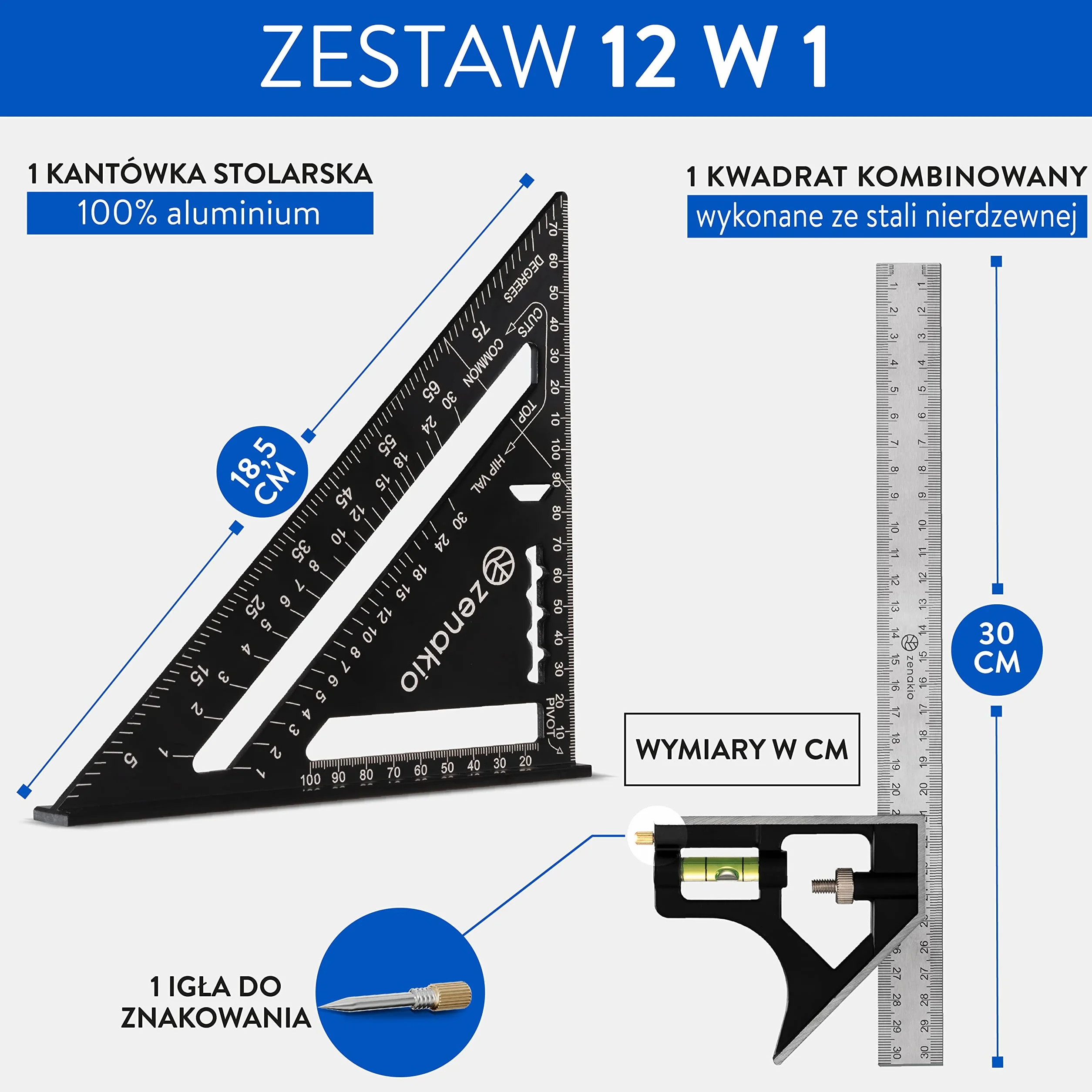Kątownik Stolarski (zestaw 2) - Kompletny Zestaw Kątowników Stolarskich 12-EN-1 - Kątownik Metalowy 185 mm + Narzędzia Traserskie 300 mm - Wielofunkcyjne Kątowniki dla Majsterkowiczów