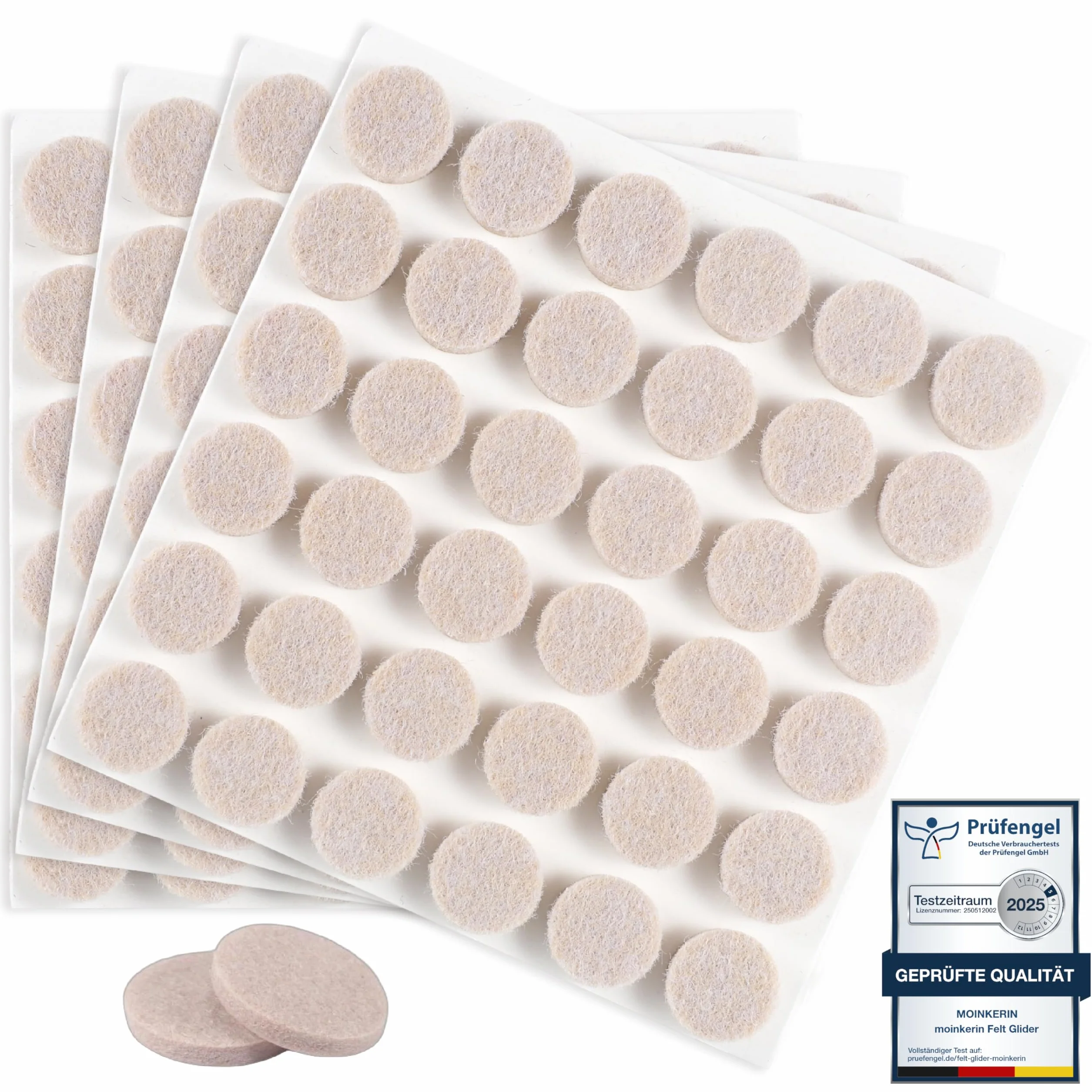 moinkerin Podkładki na krzesła, ochraniacze podłogowe, 15 mm, podkładki filcowe do stóp mebli, grubość 5 mm, samoprzylepne podkładki meblowe, odporne na zarysowania i redukcję hałasu, beżowe, 144 szt