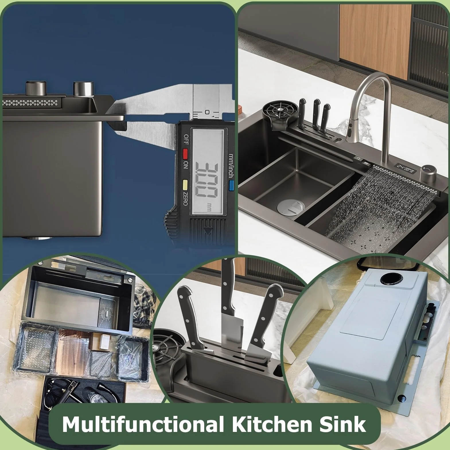 Stainless Steel Waterfall Kitchen Sink Set, Single Bowl Workstation With Digital Display Pull-Out Faucet, Cup Washer, 13-Piece Accessory Kit, Kitchen Sink With Water-saving Features(Black-Grey,75x46cm