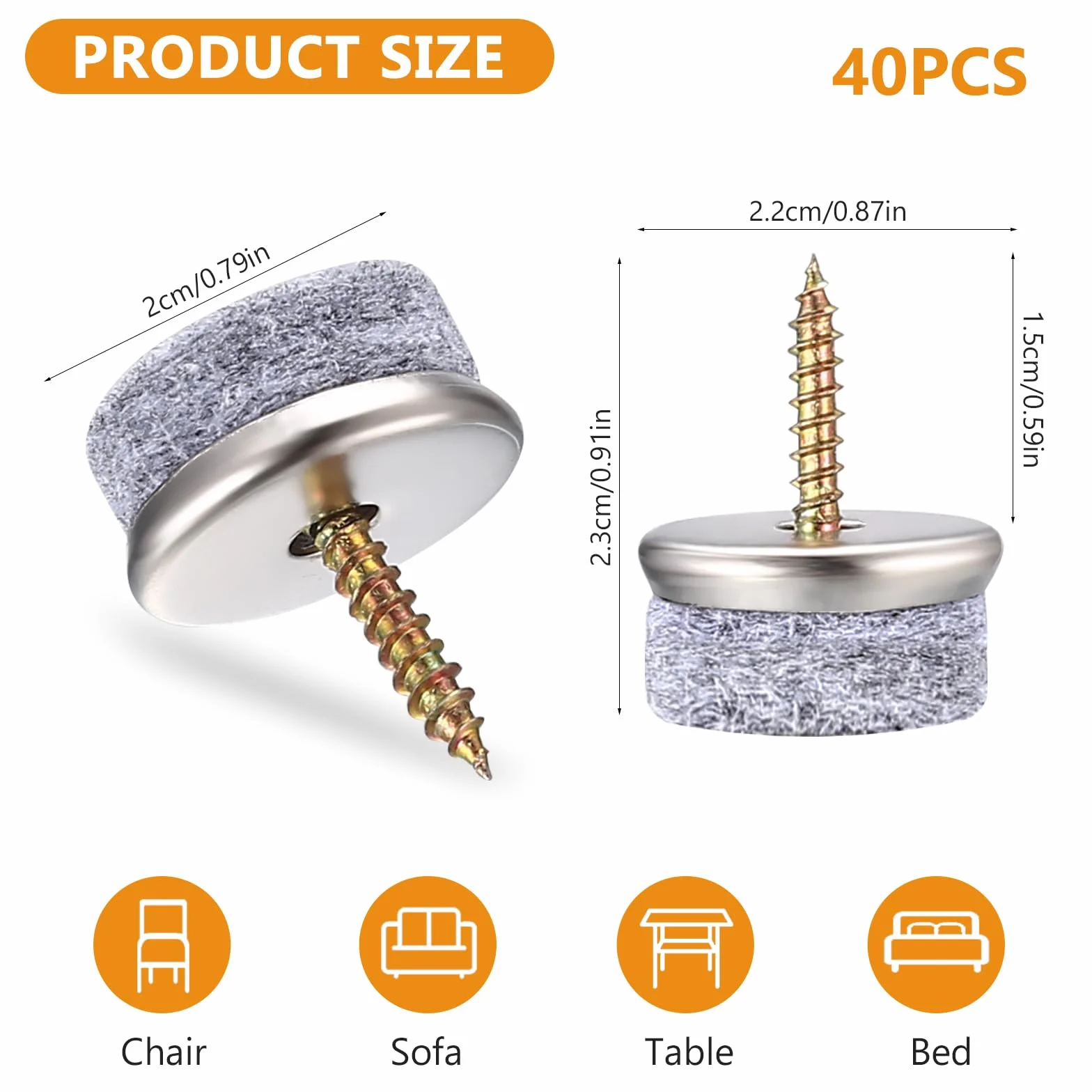 wugongshan 40 sztuk podkładek filcowych, 22 mm, podkładki filcowe do krzeseł z gwoździem okrągłe, podkładki filcowe do krzeseł, podkładki filcowe do płytek, parkietu, laminatu, filcu do krzeseł,