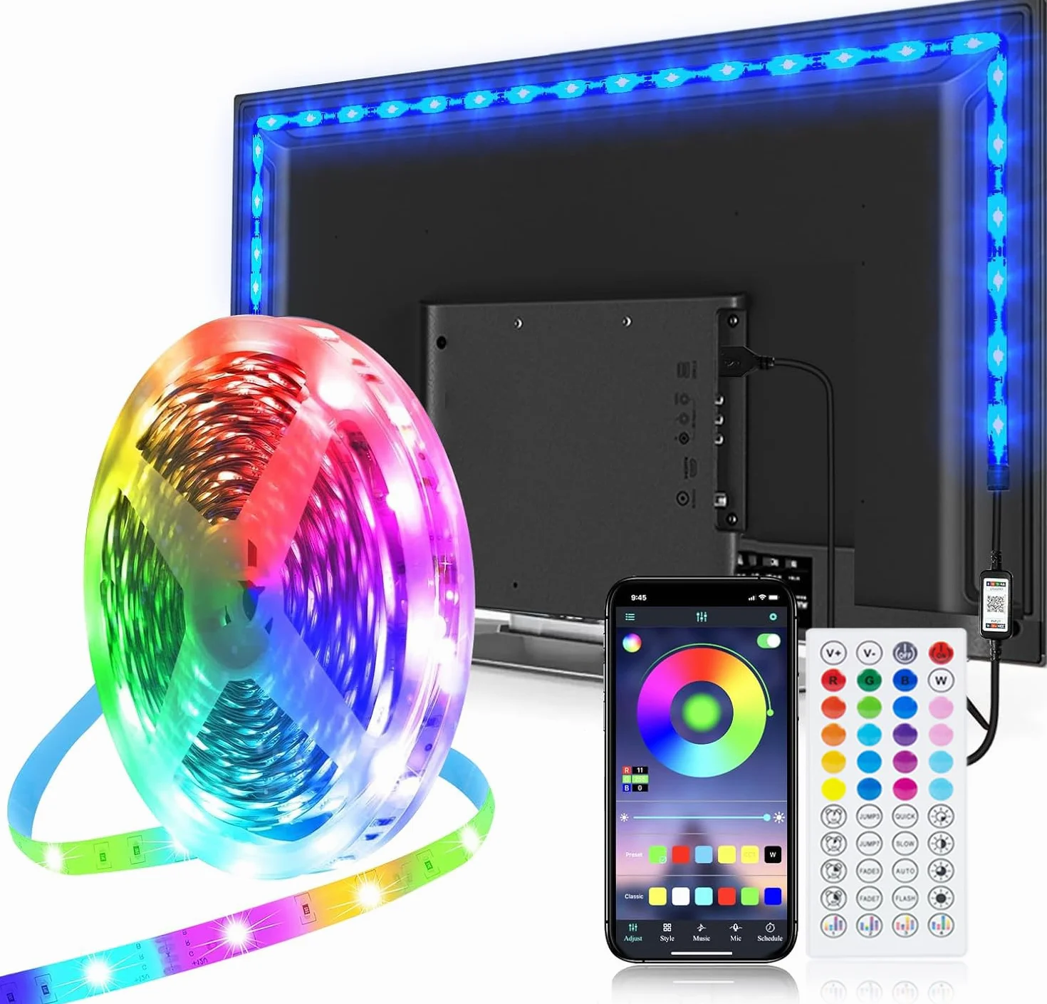 Taśma LED 5M, PSTAR USB LED dekoracja, paski świetlne z pilotem zdalnego sterowania Smart App, podświetlenie tła telewizora, ekranu 65 do 75 cali, ekran TV i monitora komputera