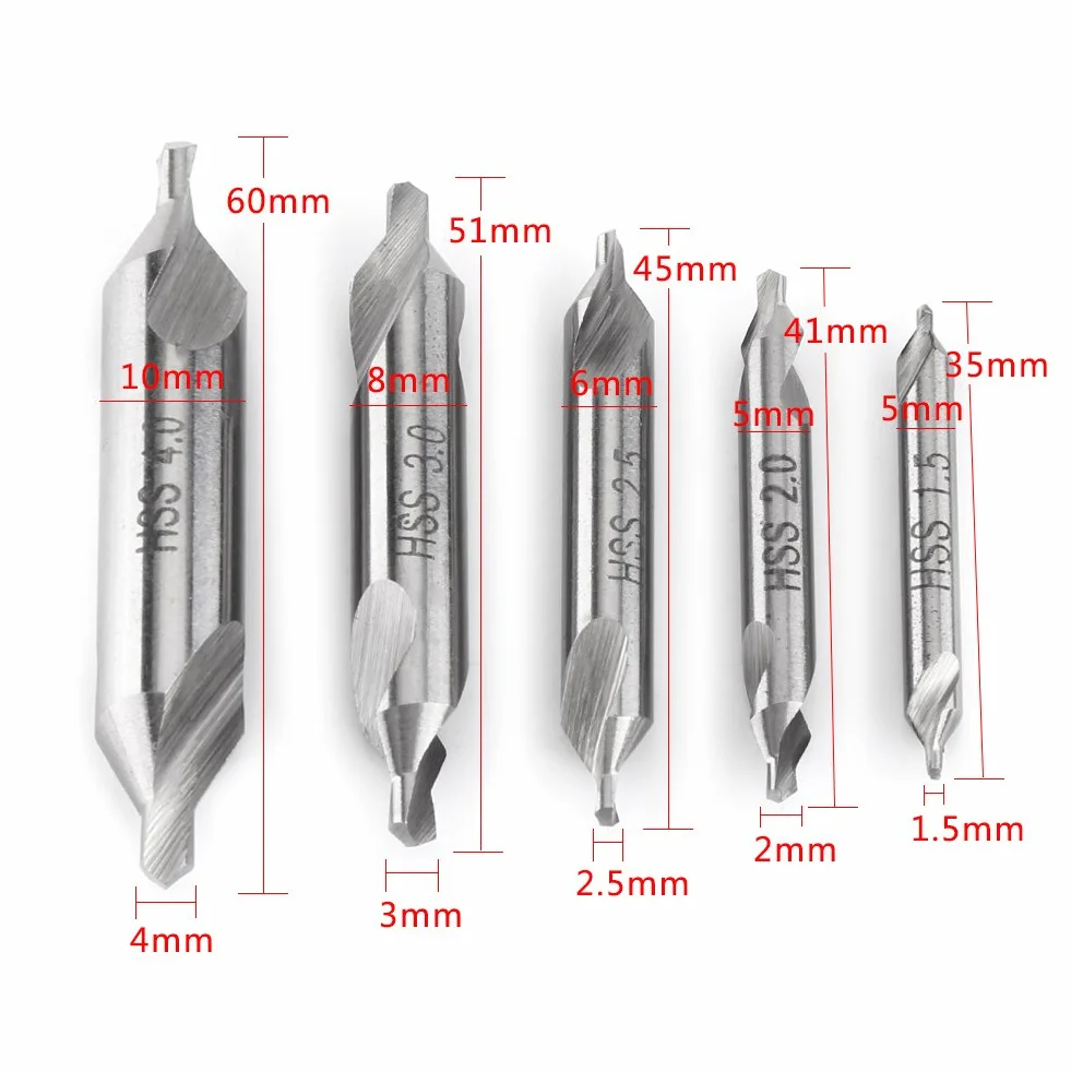 Zestaw wierteł centrujących Walfront 1.5/2.0/2.5/3.0/4.0mm 5 sztuk HSS Wiertło centrujące ze stali nierdzewnej 60 stopni Pogłębiacz stożkowy Spotting Połączony zestaw wierteł z łbem stożkowym do metalu