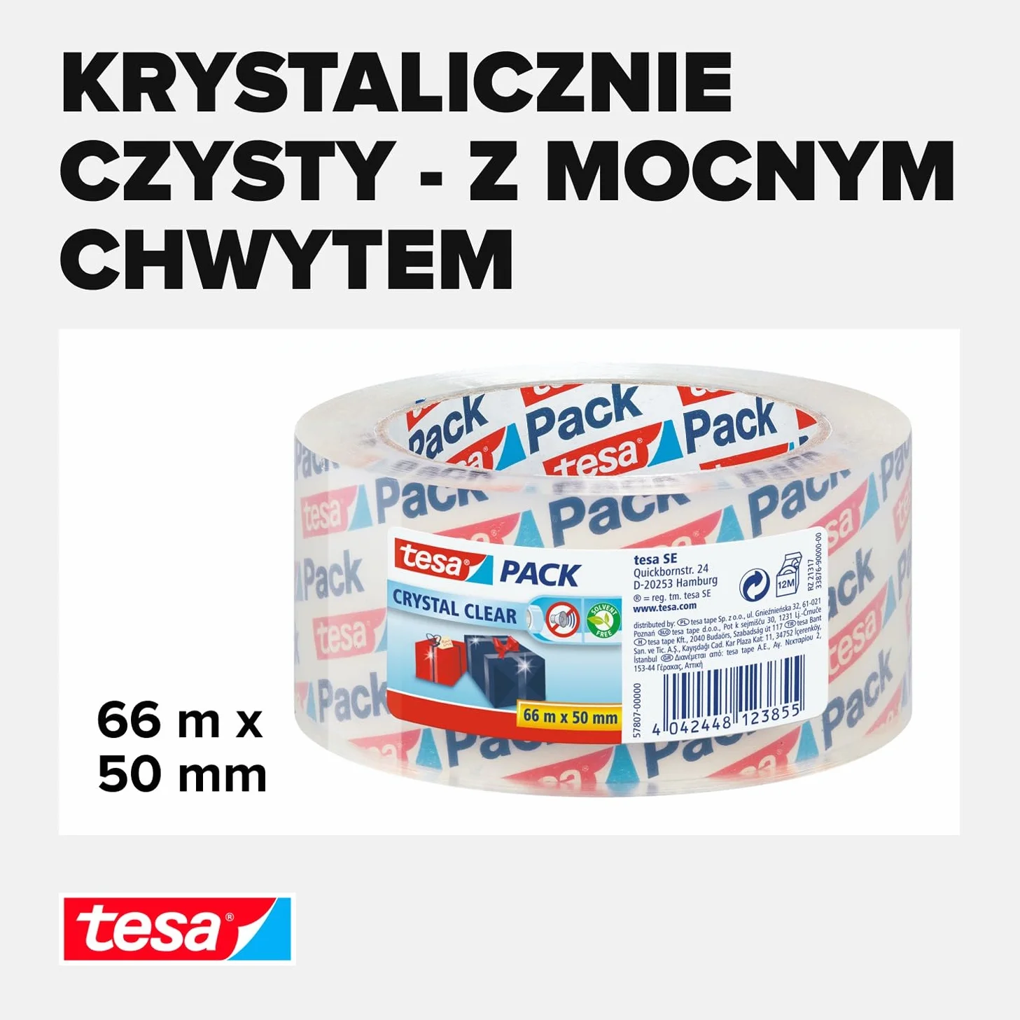 tesapack Crystal Clear transparentna taśma do pakowania – samoprzylepna taśma pakowa – przyczepna, niewidoczna – odporna na promieniowanie UV – 66 m x 50 mm – przezroczysta
