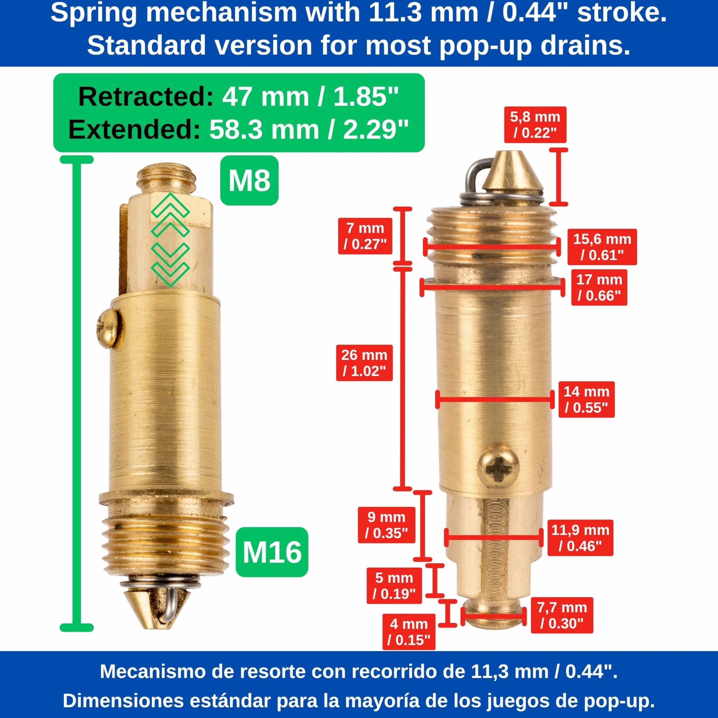 Pop Up zestaw wymiennych czopów, 1 sztuka, z mosiądzu, długość 58 mm, pasuje do większości zestawów odpływowych Popup, śruba naprawcza z mocną sprężyną, zawór odpływowy część zamienna do umywalki,