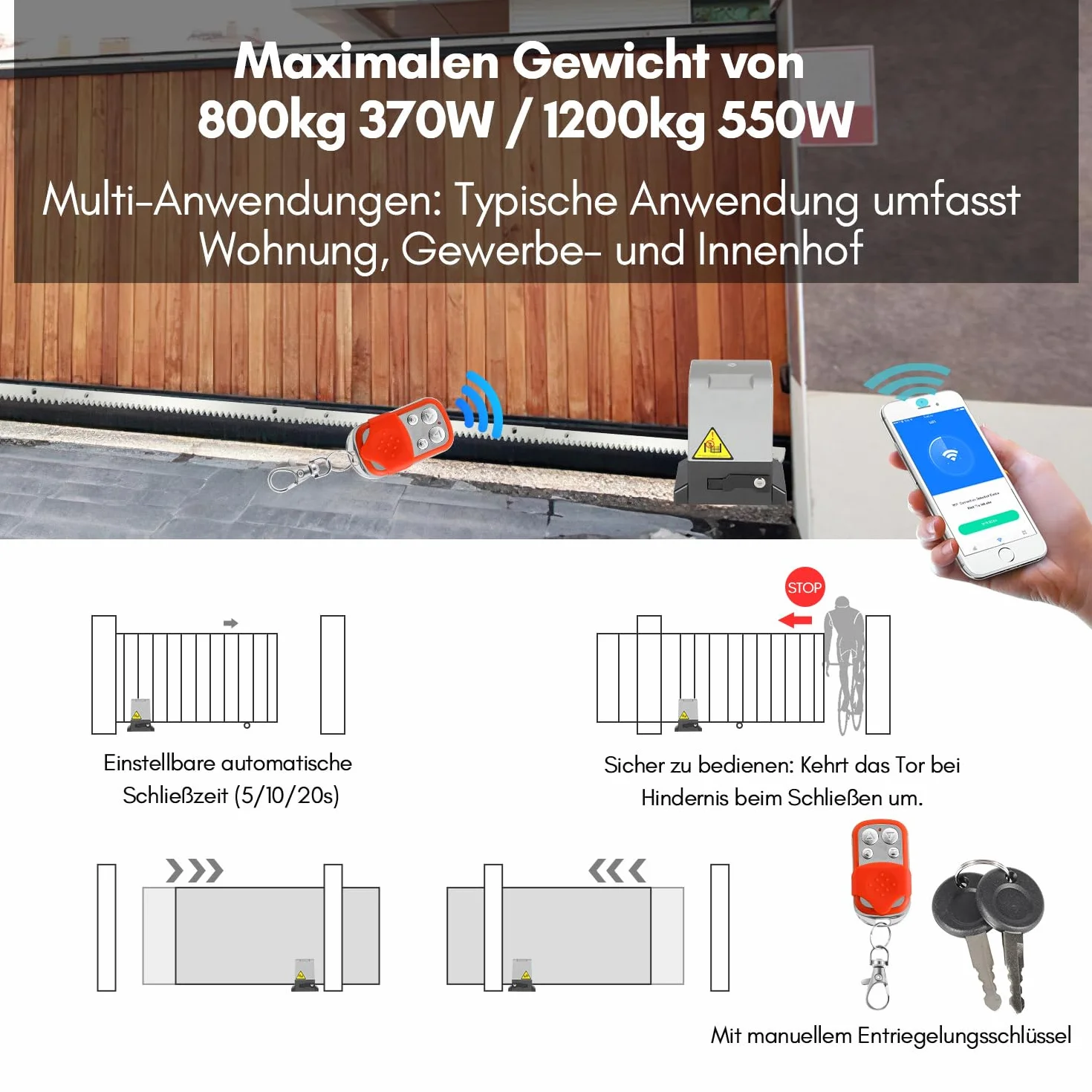 Zestaw napędu do bramy przesuwnej, 550 W, 1200 kg, inteligentny napęd do bramy WiFi, automatyczny napęd do bramy z 2 pilotami zdalnego sterowania, zębatka 4 m, 2 klucze odblokowujące i