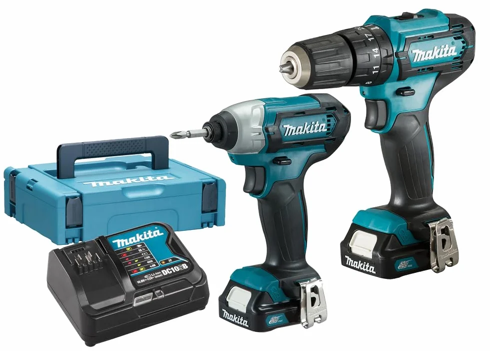 Makita CLX228AJ 12V Max Li-ion CXT 2-częściowy zestaw składający się z HP333DZ, TD110DZ, w komplecie z 2 bateriami litowo-jonowymi 2,0 Ah i ładowarką dostarczoną w etui Makpac