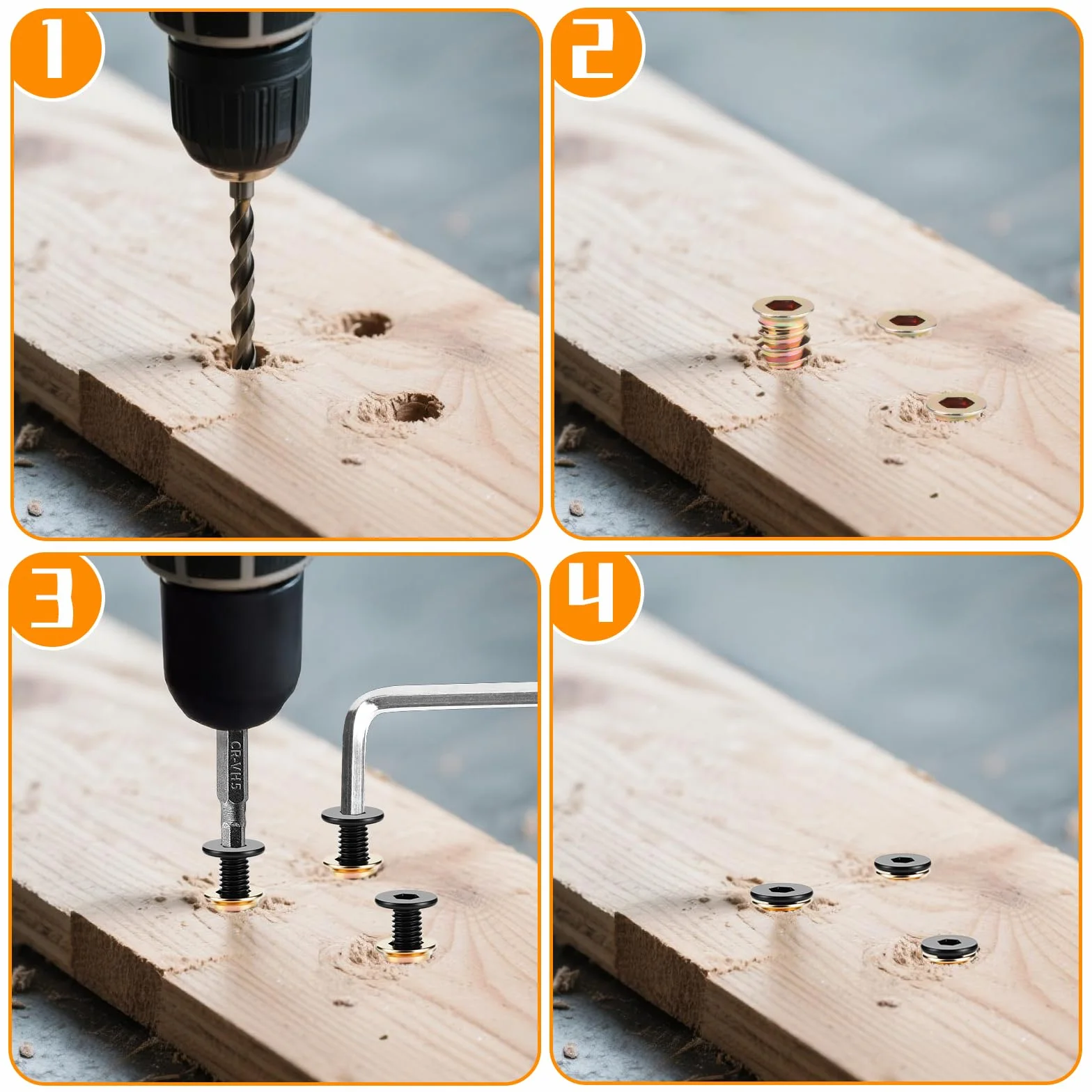 24 sztuki śrub M6 zawiera śruby z łbem płaskim M6 x 16 mm, tuleje gwintowane do drewna, nakrętki wkręcane z kluczem sześciokątnym, bit sześciokątny, H4 do samodzielnego montażu mebli