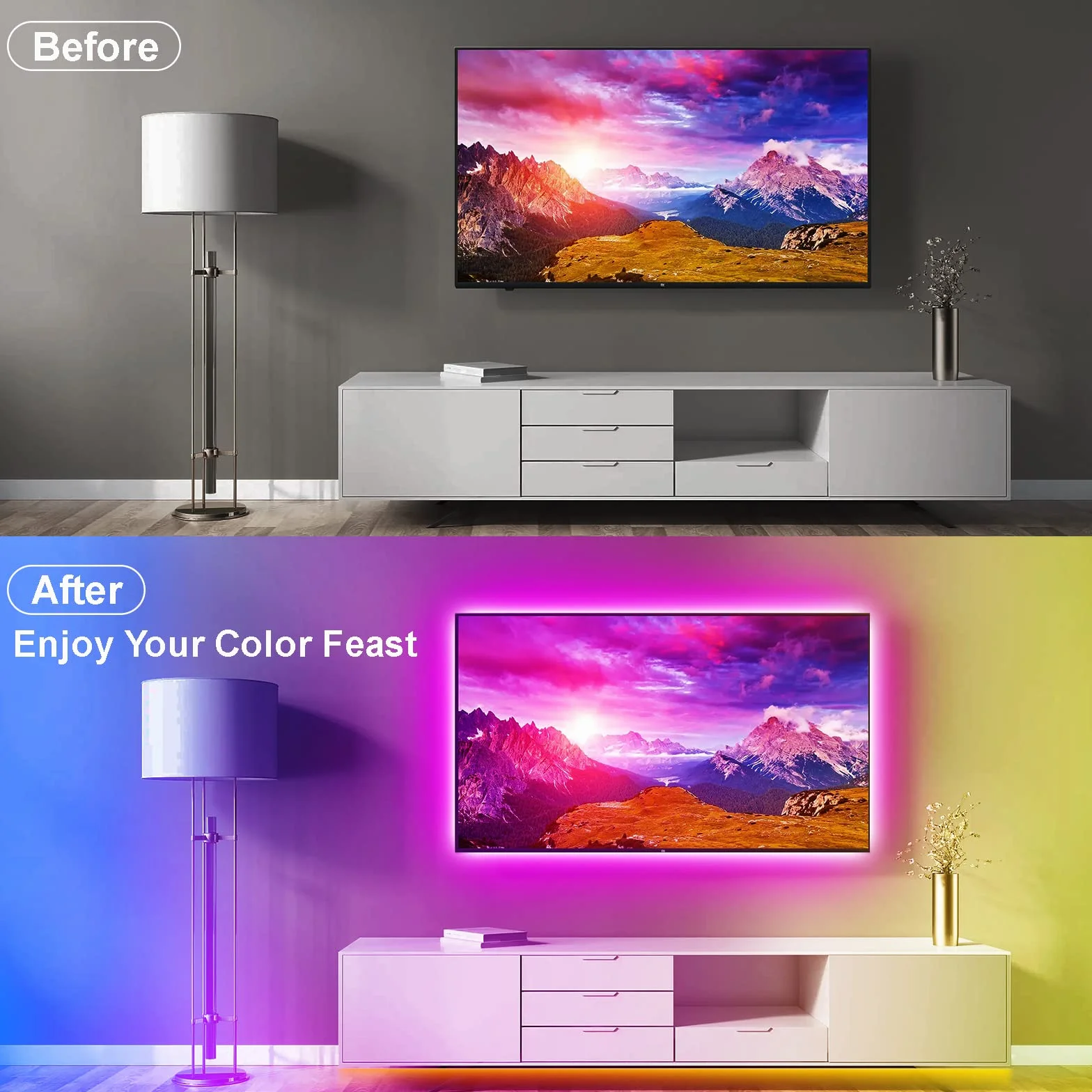 Taśma LED 5M, PSTAR USB LED dekoracja, paski świetlne z pilotem zdalnego sterowania Smart App, podświetlenie tła telewizora, ekranu 65 do 75 cali, ekran TV i monitora komputera