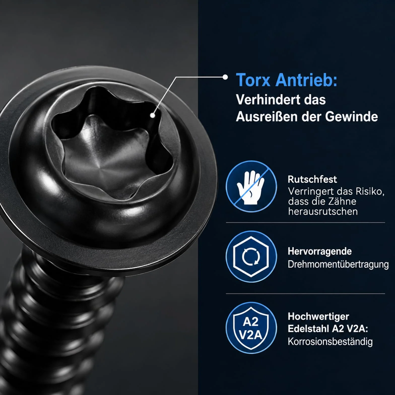 Dayalo 50 sztuk wkrętów do blachy 3,9 x 9,5 mm, z łbem płaskim i podkładką do wkrętaków, wkręty do drewna Torx, stal szlachetna A2 V2A, czarne tlenki, z końcówką śrubokręta