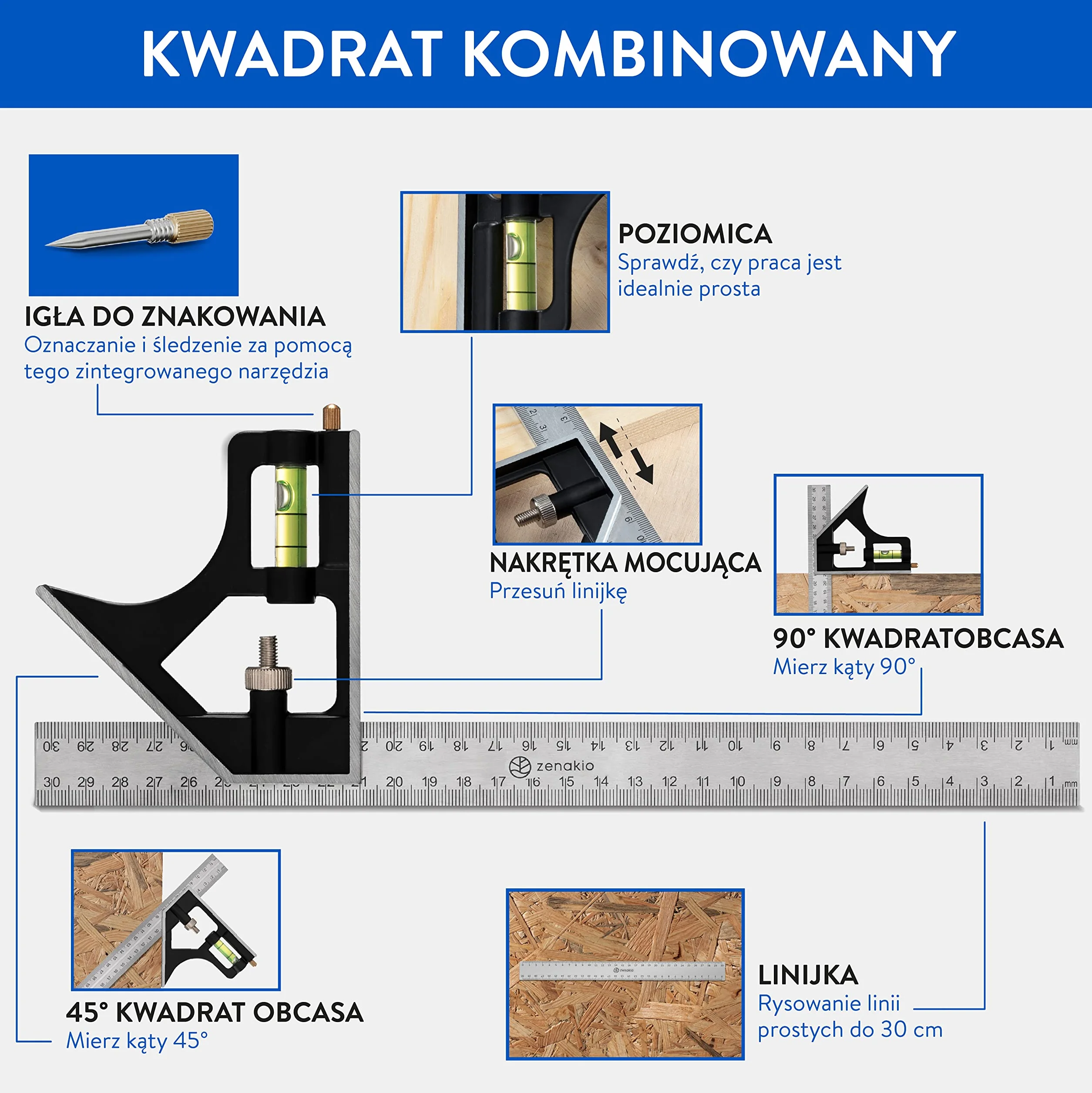 Kątownik Stolarski (zestaw 2) - Kompletny Zestaw Kątowników Stolarskich 12-EN-1 - Kątownik Metalowy 185 mm + Narzędzia Traserskie 300 mm - Wielofunkcyjne Kątowniki dla Majsterkowiczów