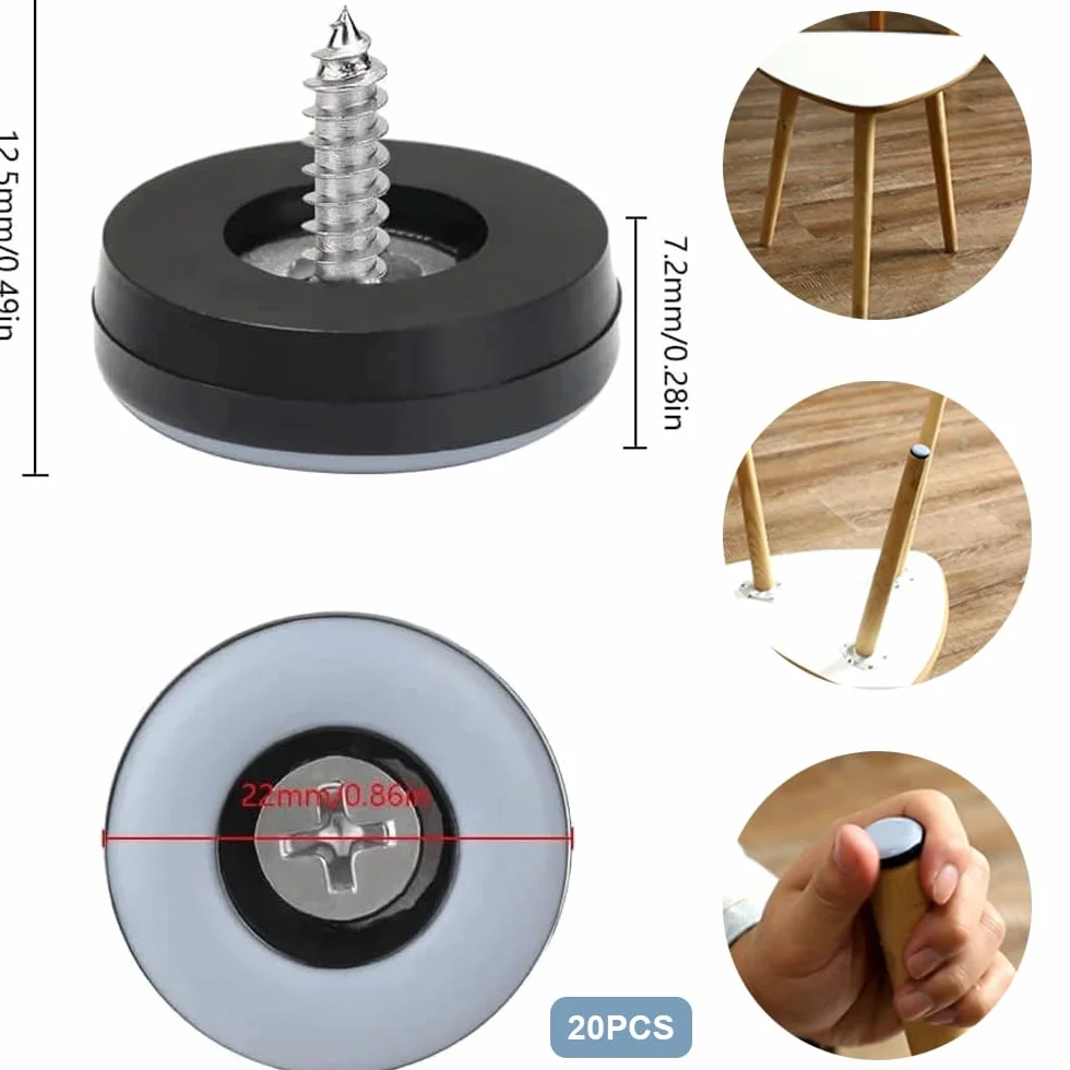 20 sztuk ślizgaczy teflonowych do wkręcania, podkładki podłogowe Ø 22 mm z 20 sztukami śrub ze stali nierdzewnej, ślizgacze meblowe PTFE, podkładki pod krzesła, skuteczna ochrona mebli, krzeseł,