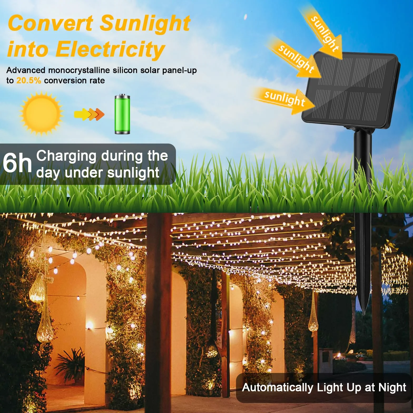 Solarny łańcuch świetlny na zewnątrz, Cshare 10 m, 100 diod LED, przewód miedziany, 8 trybów, z timerem, IP65 odporny na warunki atmosferyczne, do dekoracji na podwórku, choinki, ogrodu, sypialni