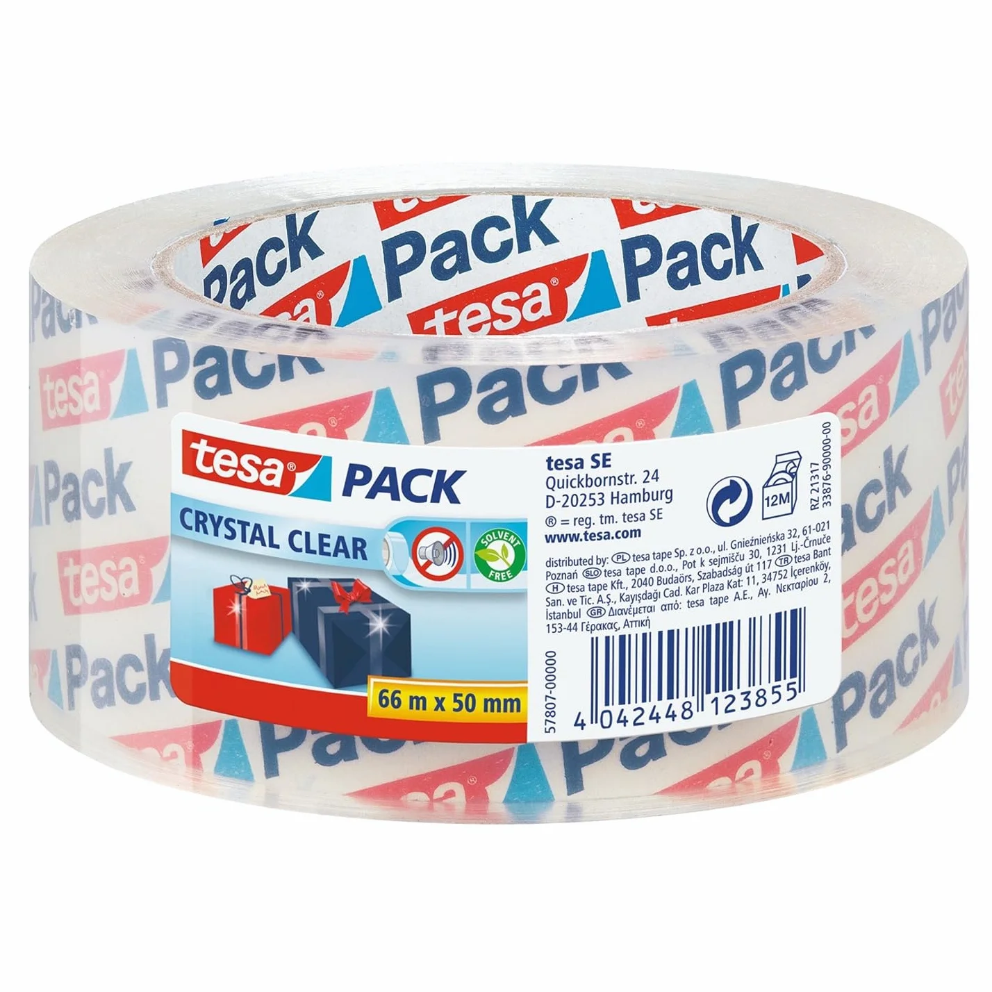 tesapack Crystal Clear transparentna taśma do pakowania – samoprzylepna taśma pakowa – przyczepna, niewidoczna – odporna na promieniowanie UV – 66 m x 50 mm – przezroczysta