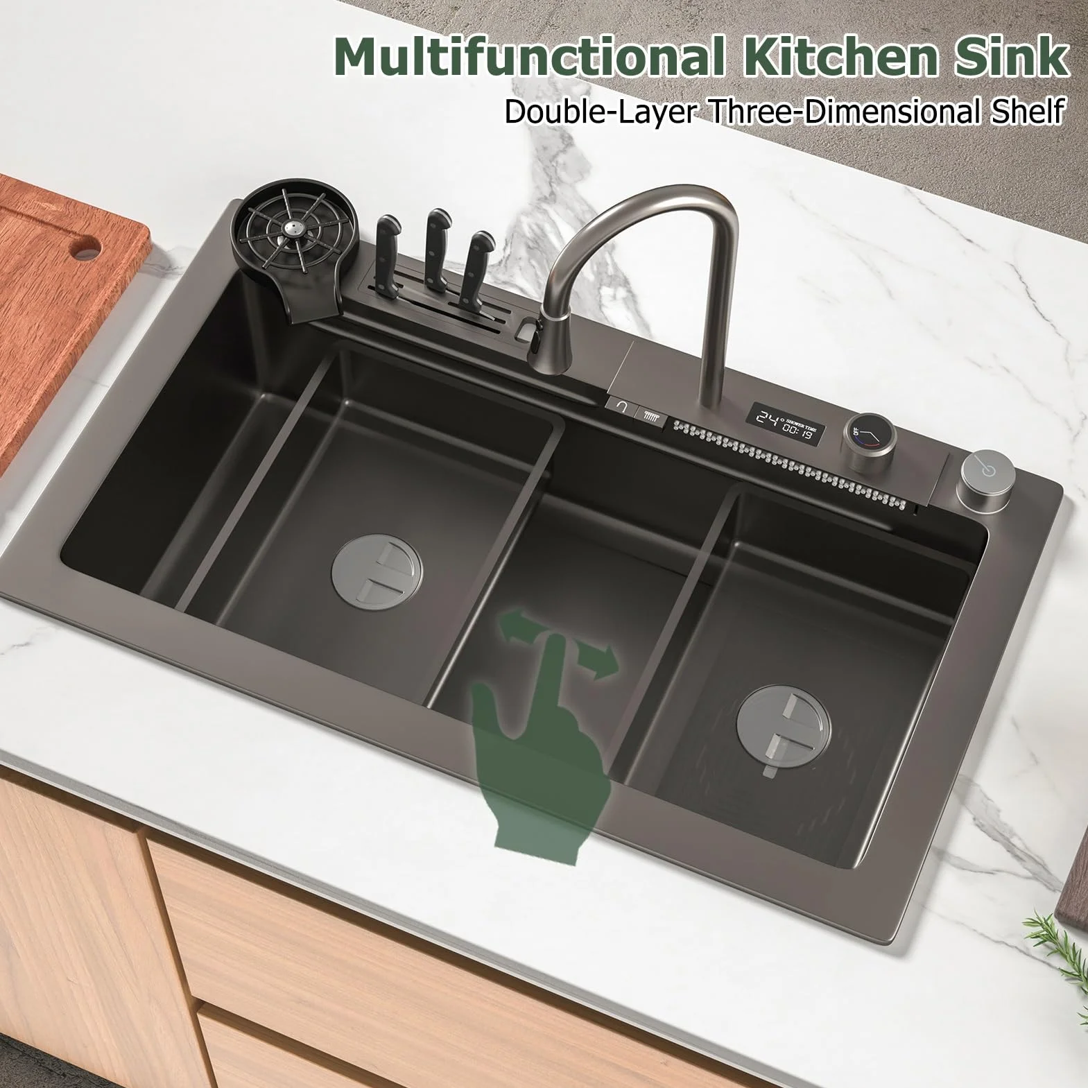 Stainless Steel Waterfall Kitchen Sink Set, Single Bowl Workstation With Digital Display Pull-Out Faucet, Cup Washer, 13-Piece Accessory Kit, Kitchen Sink With Water-saving Features(Black-Grey,75x46cm