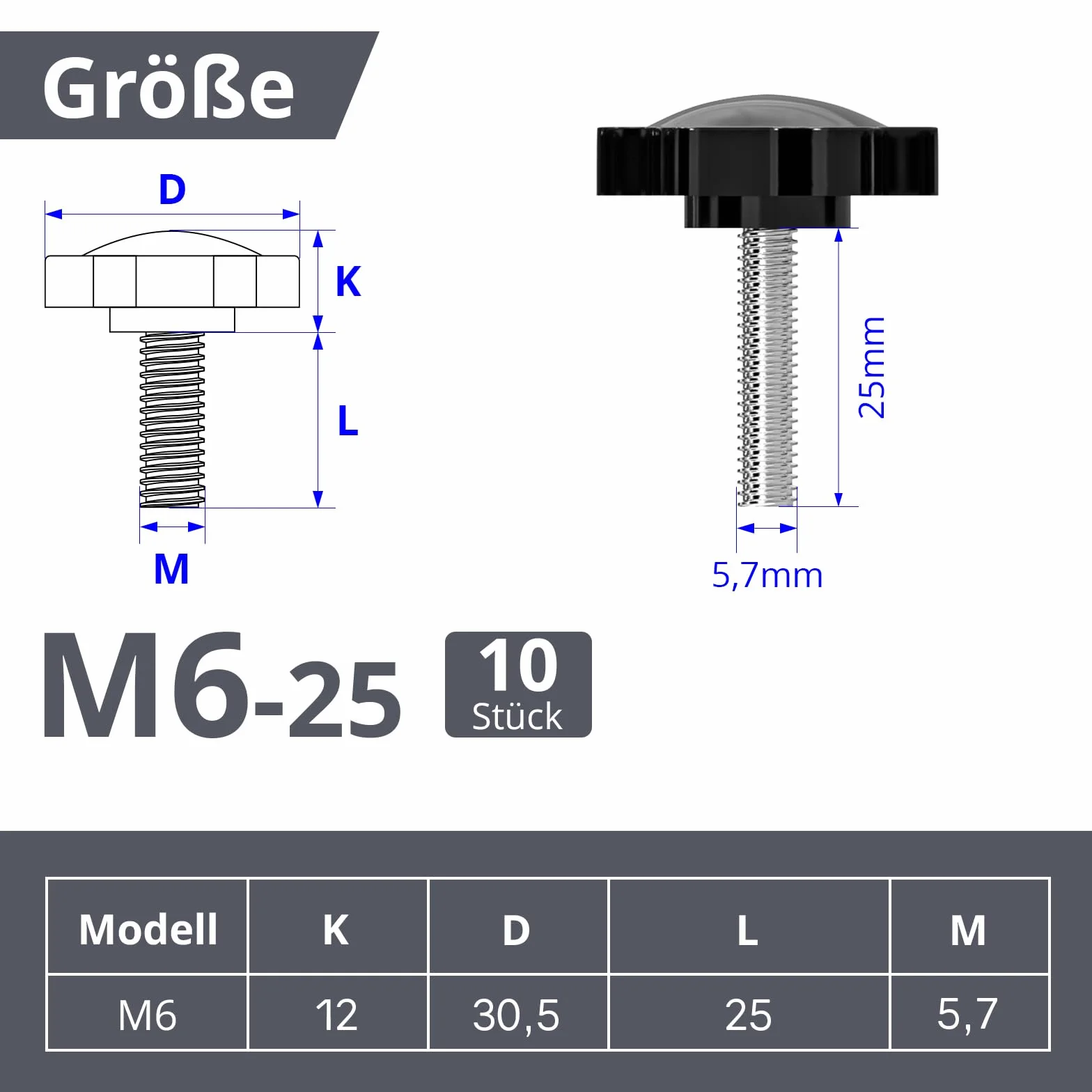 ORTAVA 10 sztuk śrub z uchwytem gwiazdowym, śruby z uchwytem M6 x 25 mm, śruba radełkowana, śruba z łbem gwiazdowym, nakrętka uchwytu gwiazdowego, przycisk zaciskowy do obrabiarki, maszyny (czarne)